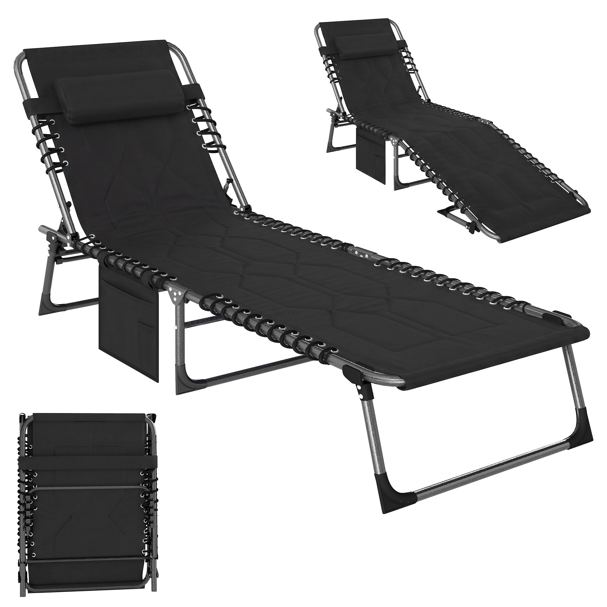 Outsunny Padded Folding Chaise Lounge Chair, Outdoor 6-Level Reclining Camping Tanning Chair with Headrest for Beach, Yard, Patio, Pool, Black