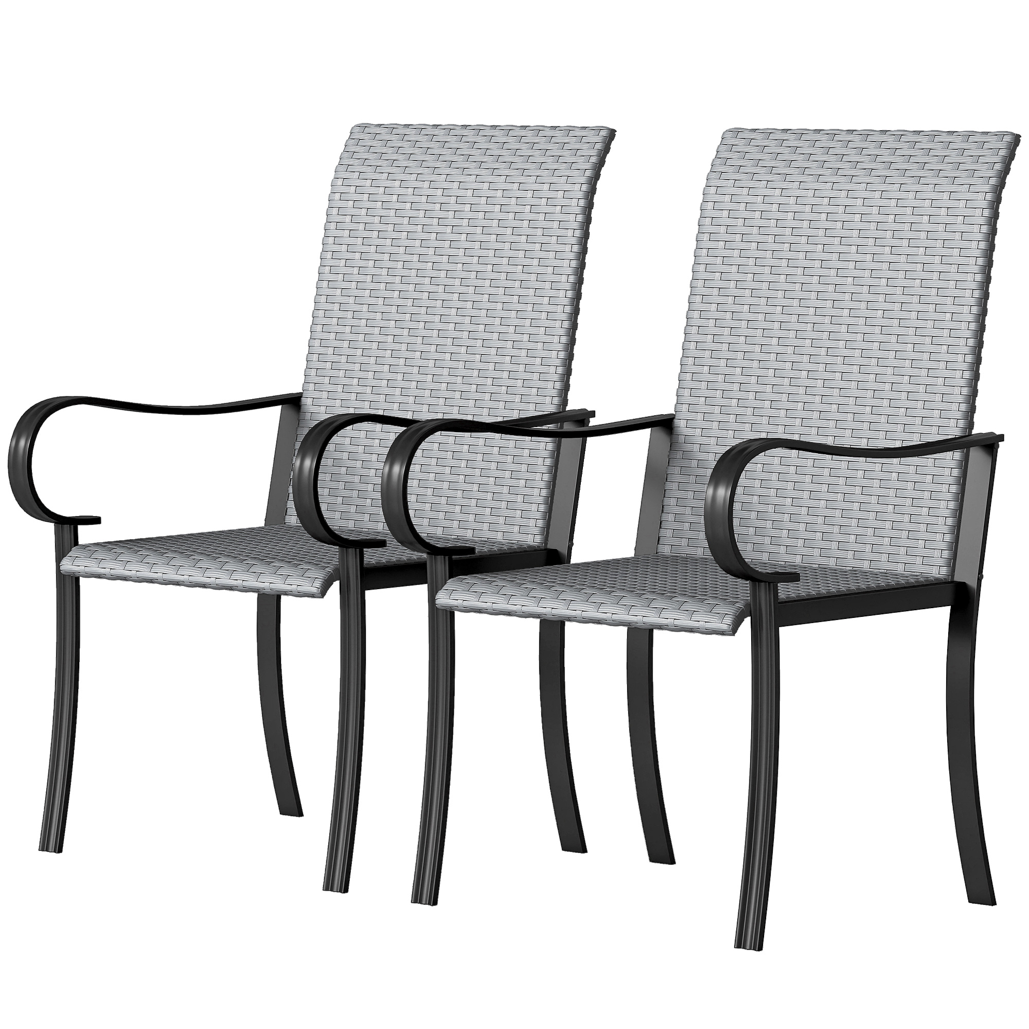 Outsunny Set of 2 Outdoor Wicker Dining Chairs with Armrest, Steel Frame, High Back and Deep Seating, Gray