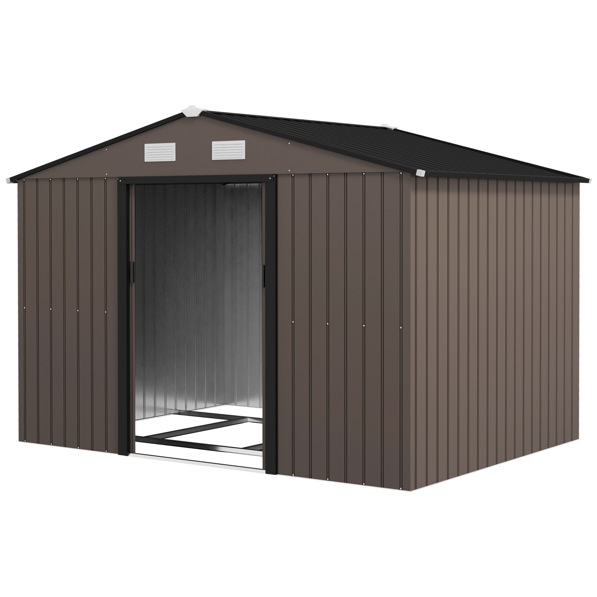 Outsunny Outdoor Shed Garden Storage Shed Tool Storage Building with 4 Vents and 2 Sliding Doors, 9 x 6 FT, Brown