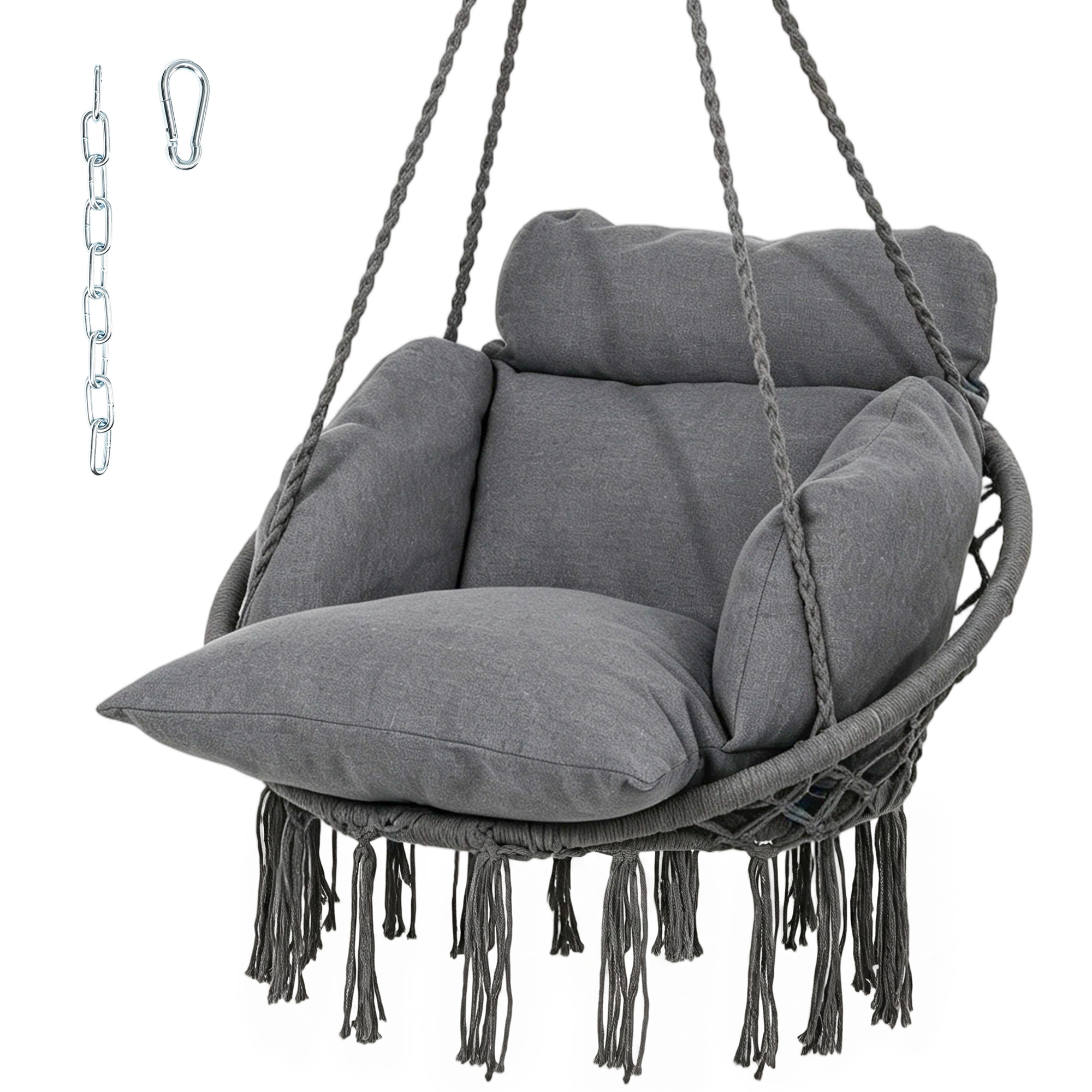 Outsunny Hammock Swing Chair, Macrame Hanging Chair with Large Cushion, Chain, Steel Frame for Indoor Outdoor Use, Dark Gray