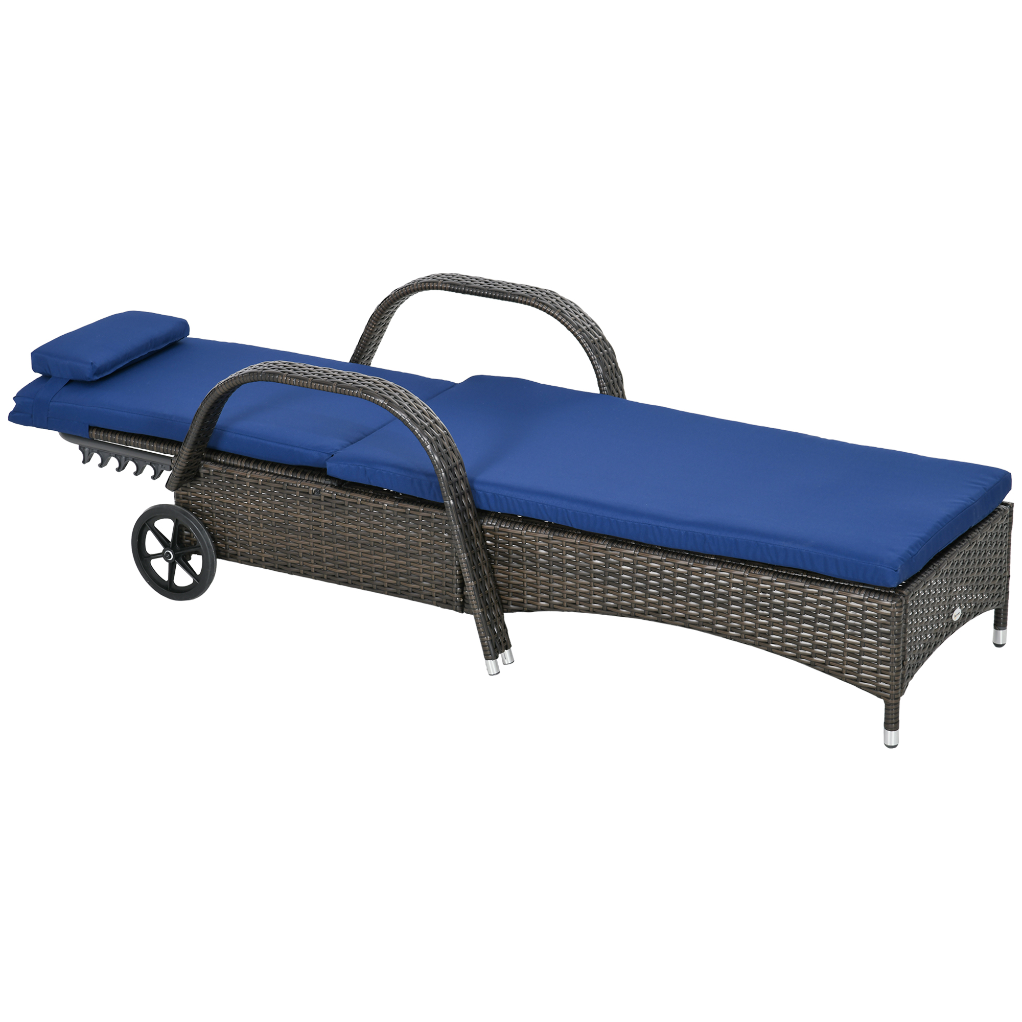Outsunny Reclining Chaise Lounge Chair, Rolling Outdoor Chair with Cushion, Pillow, Headrest, Armrests, and Wheels, Brown