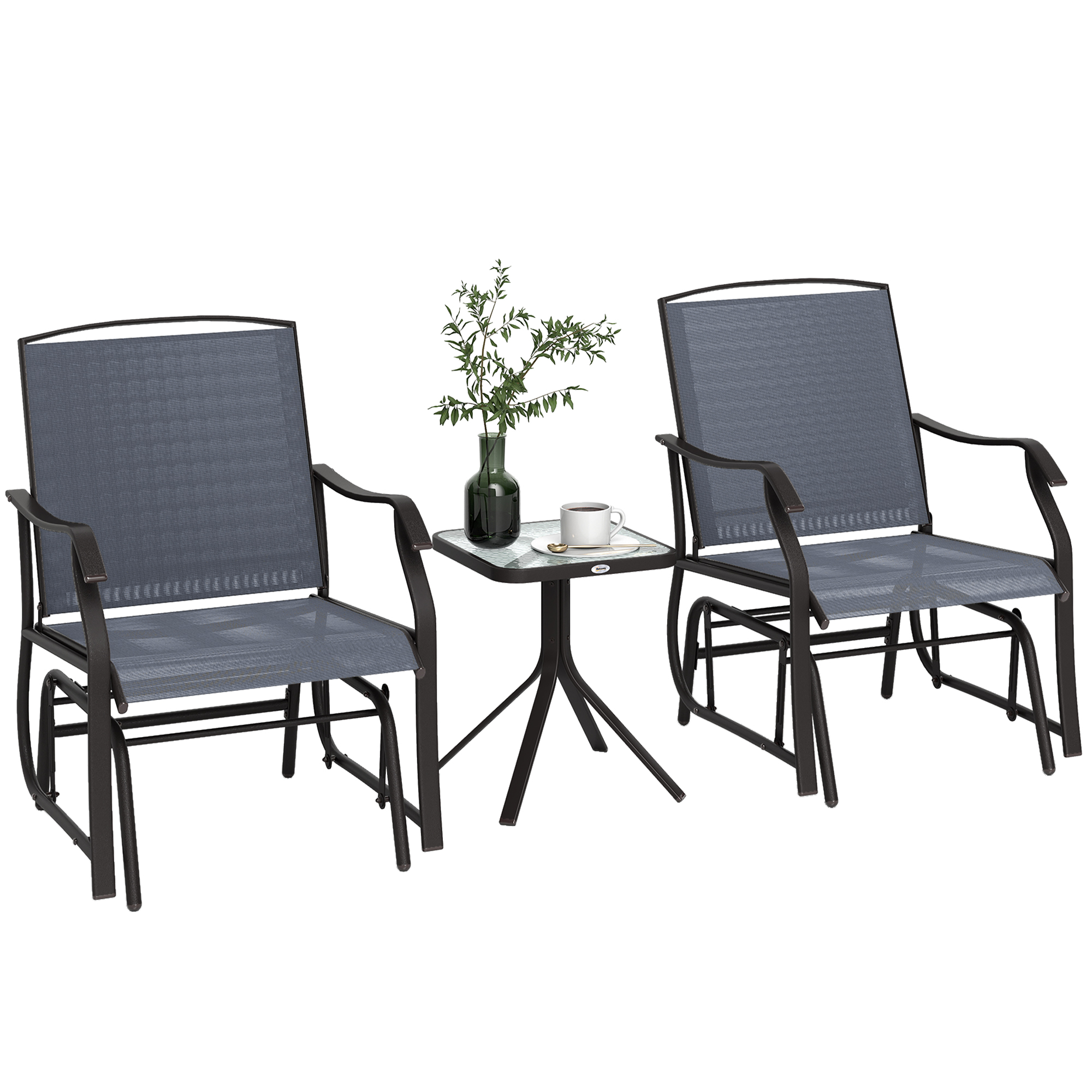 Outsunny 3 Piece Outdoor Glider Chair with Coffee Table Bistro Set, 2 Patio Rocking Swing Chairs with Breathable Sling Fabric, Glass Tabletop, for Bac