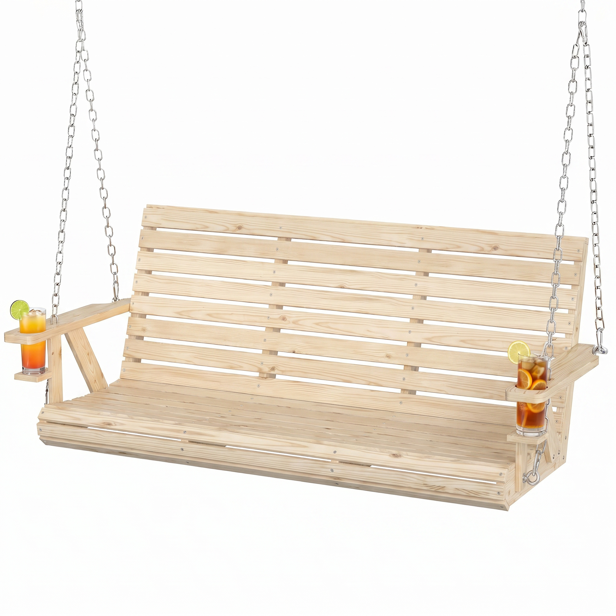 Outsunny 3-Seater Swing Bench, Wooden Porch Swing with Cupholders, Hanging Chains for Patio Garden, Nature Wood