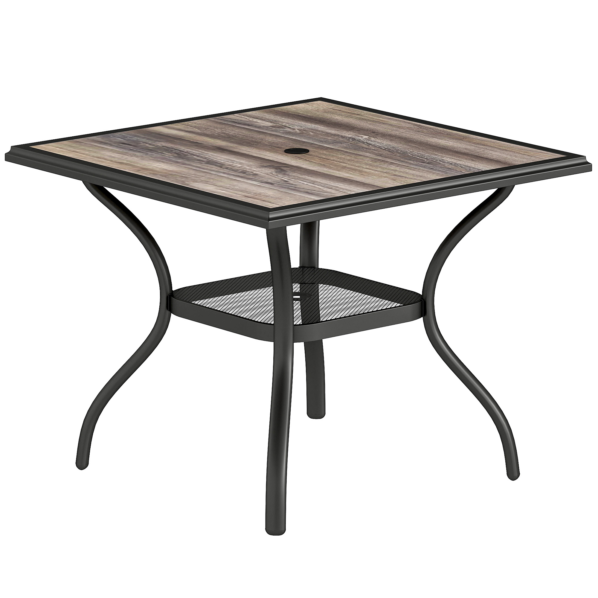 Outsunny 37" Square Outdoor Dining Table for 4, Patio Table with Umbrella Hole, Shelf, Faux Wood Top for Garden, Backyard, Gray