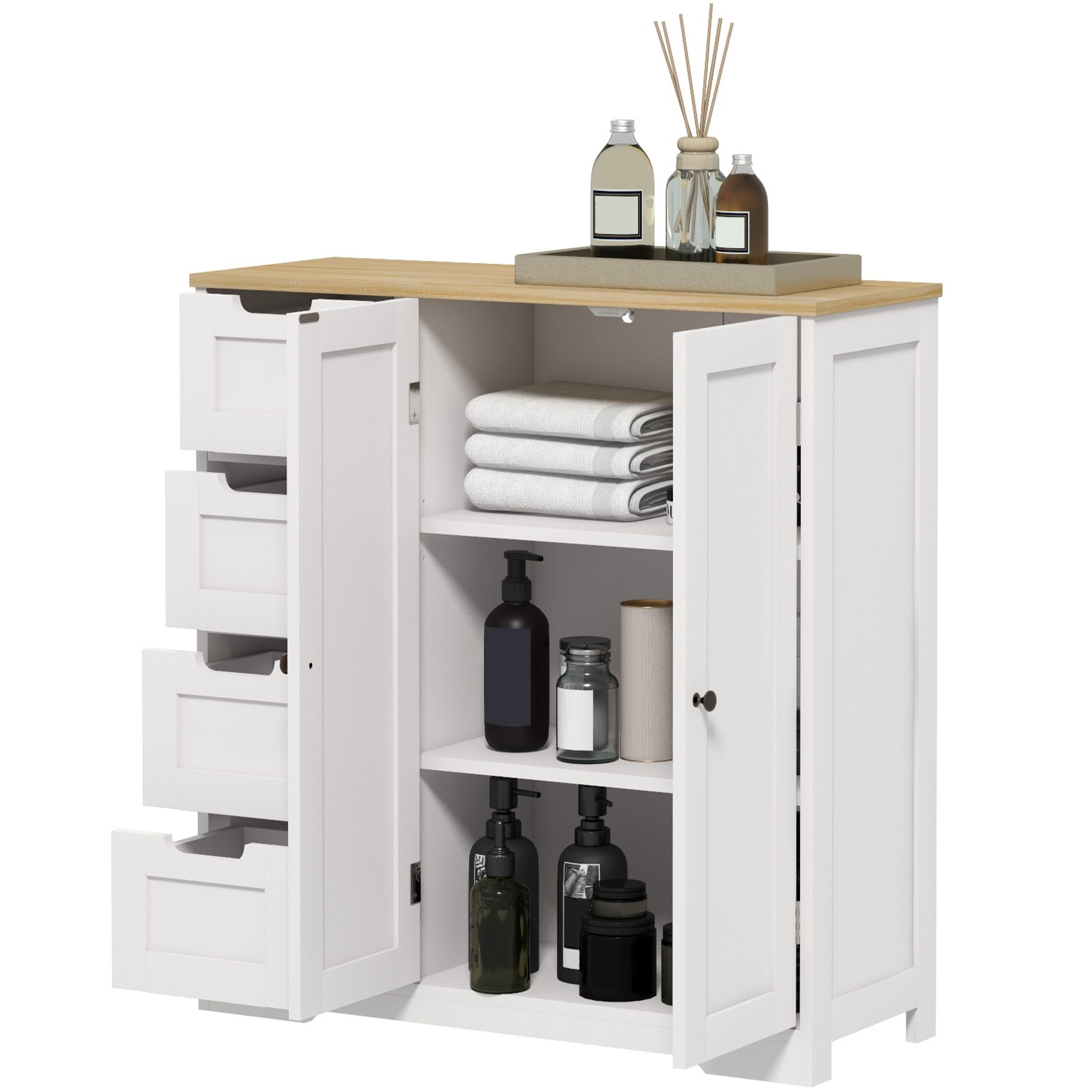 HOMCOM Freestanding Bathroom Floor Cabinet, Modern Bathroom Cabinet with Adjustable Shelf, 4 Drawers and 2 Doors, White