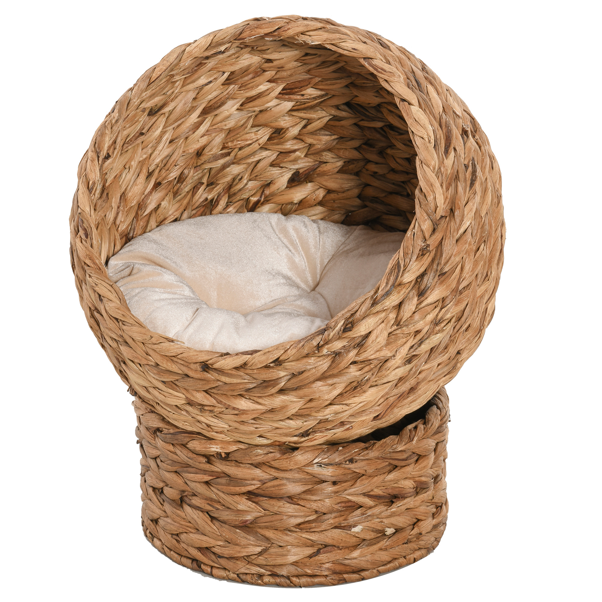 PawHut Handwoven Elevated Cat Bed with Soft Cushion & Egg Chair Shape, Basket Bed Kitty House with Stand, Raised Wicker House for Indoor Cats, 23.5" H