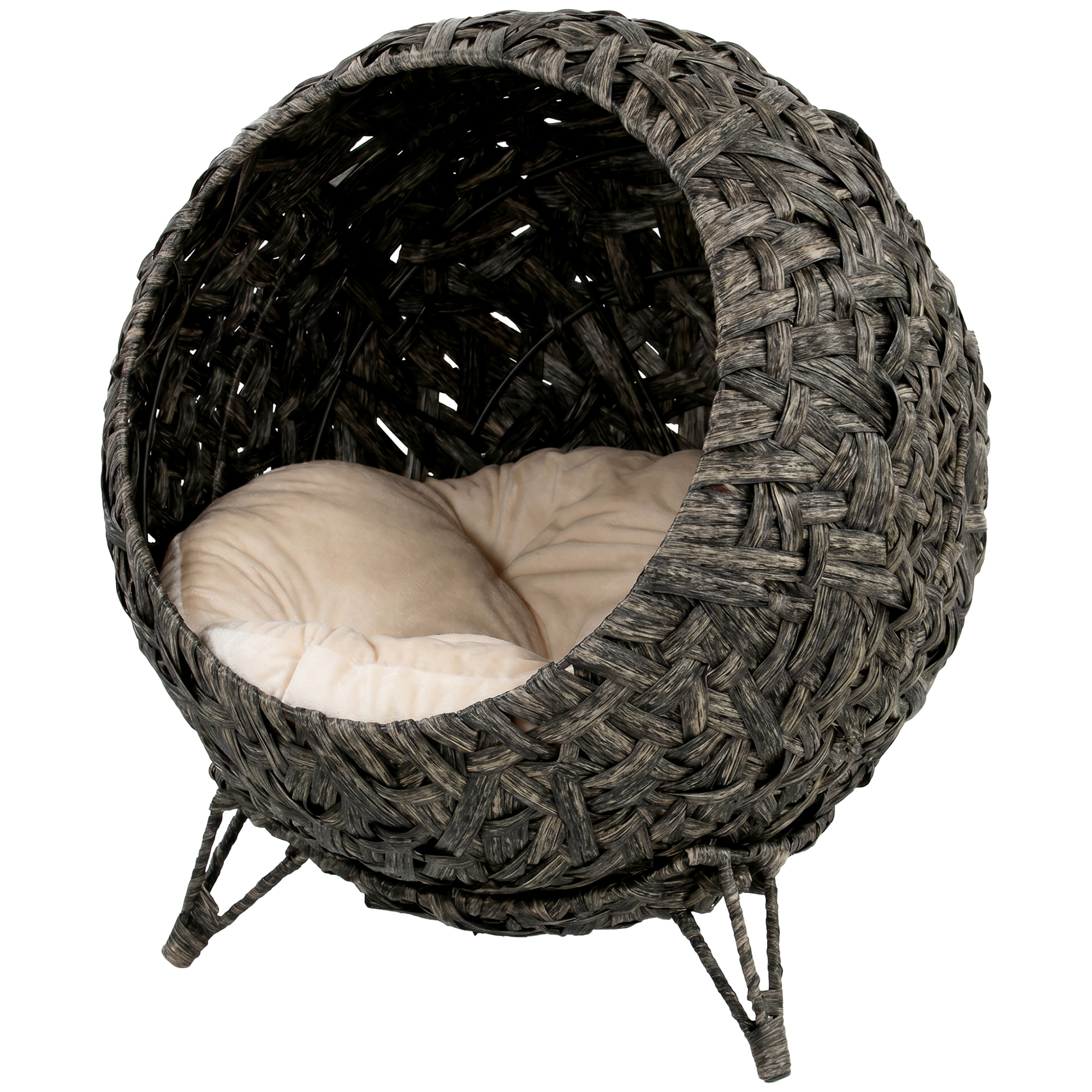 PawHut Rattan Cat Bed, Elevated Handwoven Cat Basket Bed with Soft Cushion and Metal Base