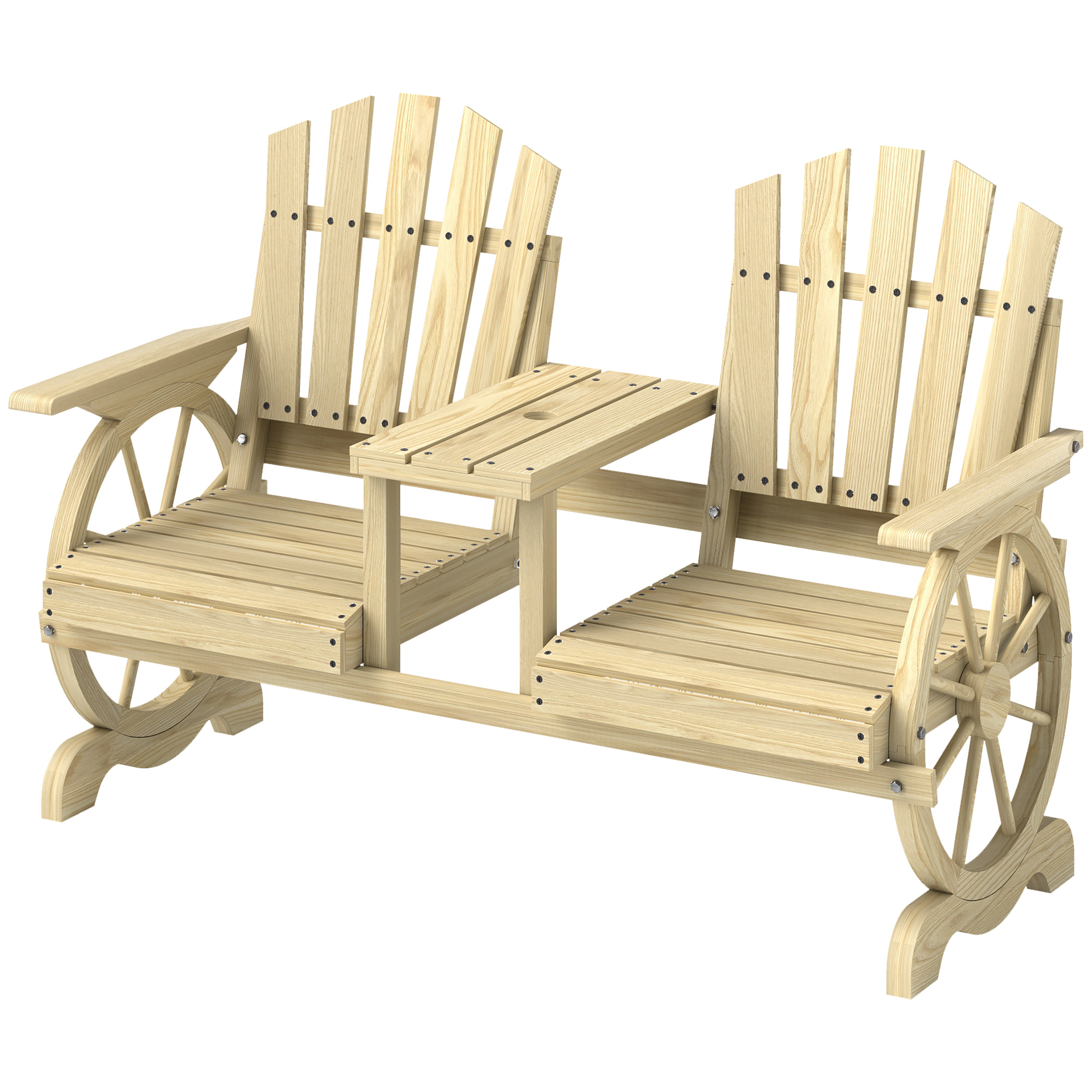Outsunny 2-Seat Wooden Garden Bench with Table, Umbrella Hole, High Backrest, Armrests for Backyard, Patio, Garden, Natural Wood