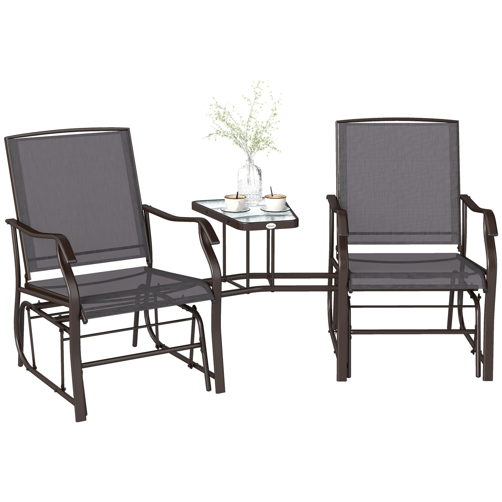 Outsunny Outdoor Glider Chairs with Coffee Table, Patio 2-Seat Rocking Chair Swing Loveseat with Breathable Sling for Backyard, Garden, and Porch, Gra
