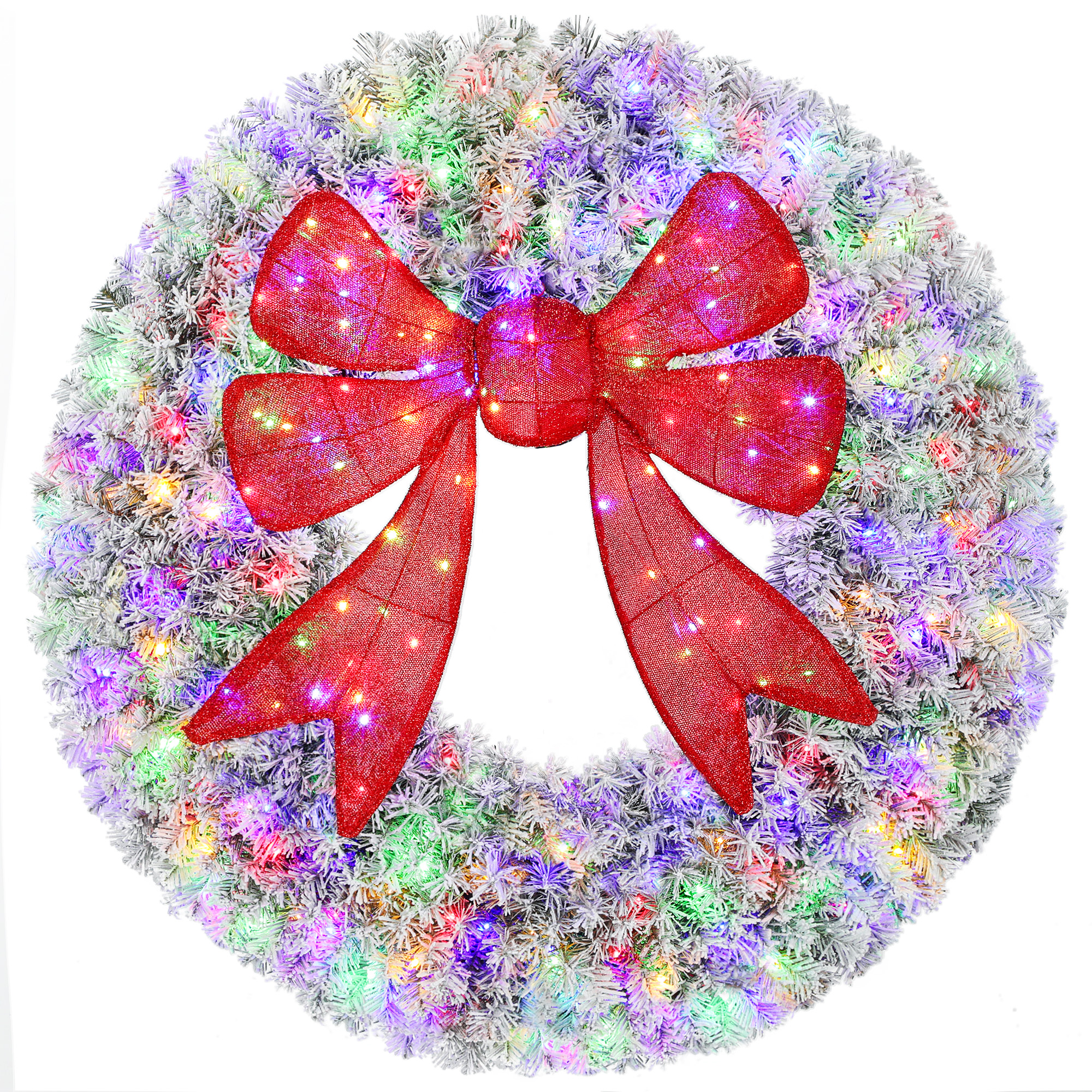 HOMCOM 48in Flocked Pre-Lit Christmas Wreath with 3D Red Bow, 11 Lighting Modes, Front Door Christmas Wreath with Remote