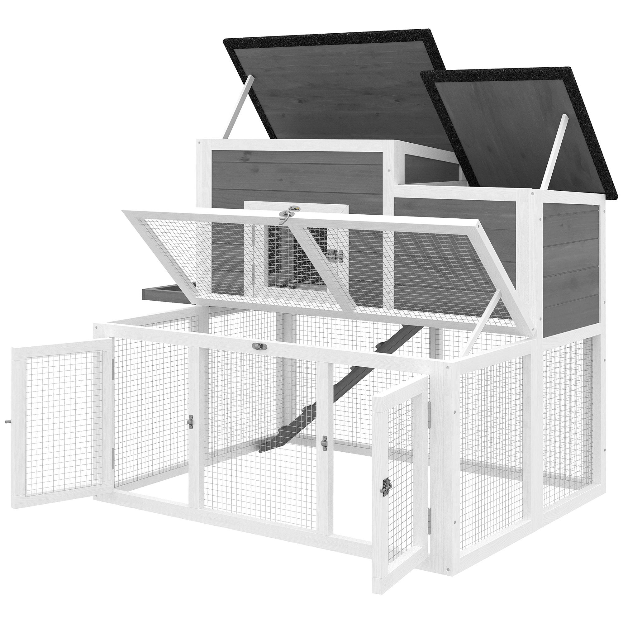 PawHut Wooden Rabbit Hutch, 2-Story Bunny Cage with Run, Waterproof & Openable Roof, Pull Out Tray and Ramp for 1-2 Rabbits
