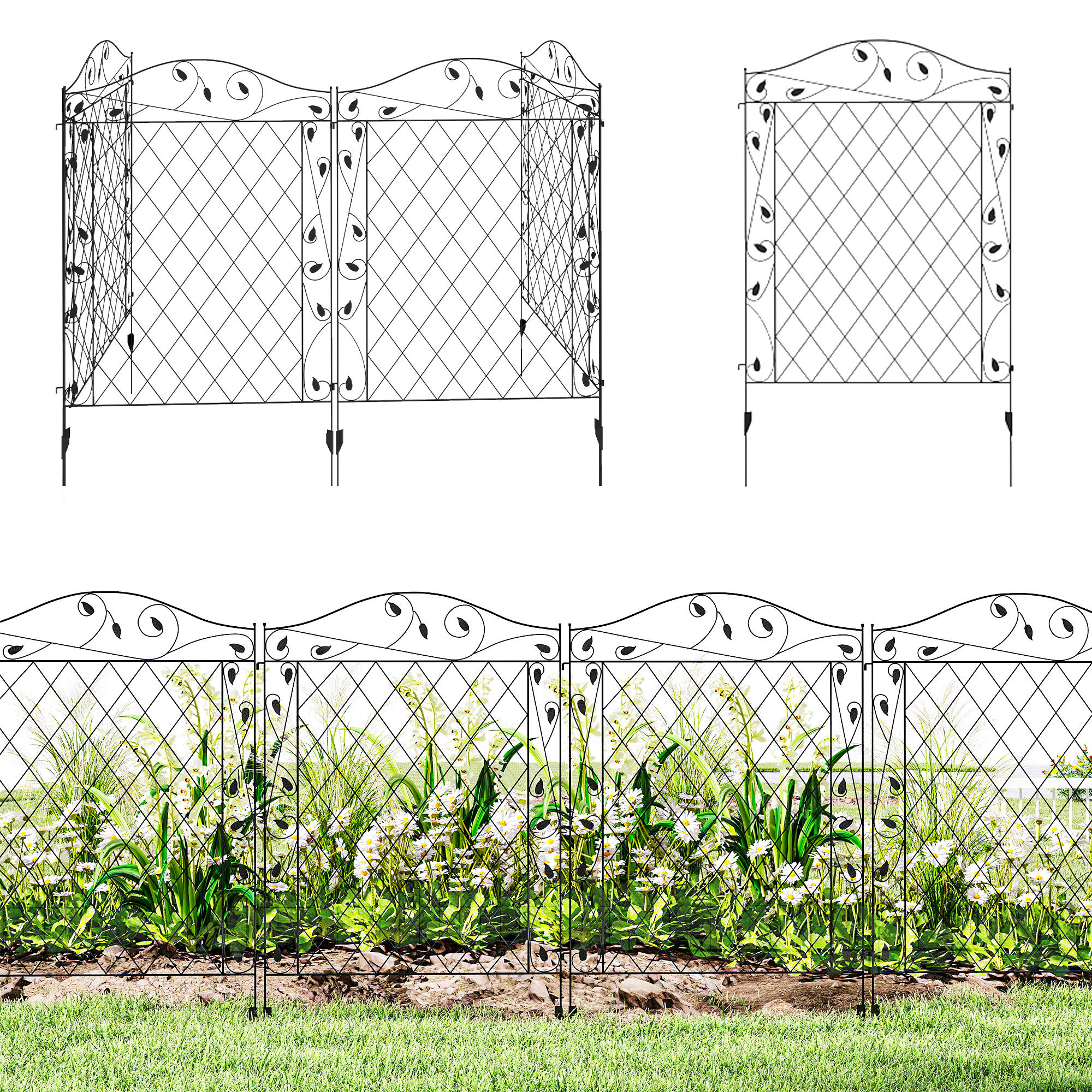 Outsunny Garden Fence, 4 Pack Steel Fence Panels, 11.5' L x 43" H, Rust-Resistant Decorative Border Flower Edging