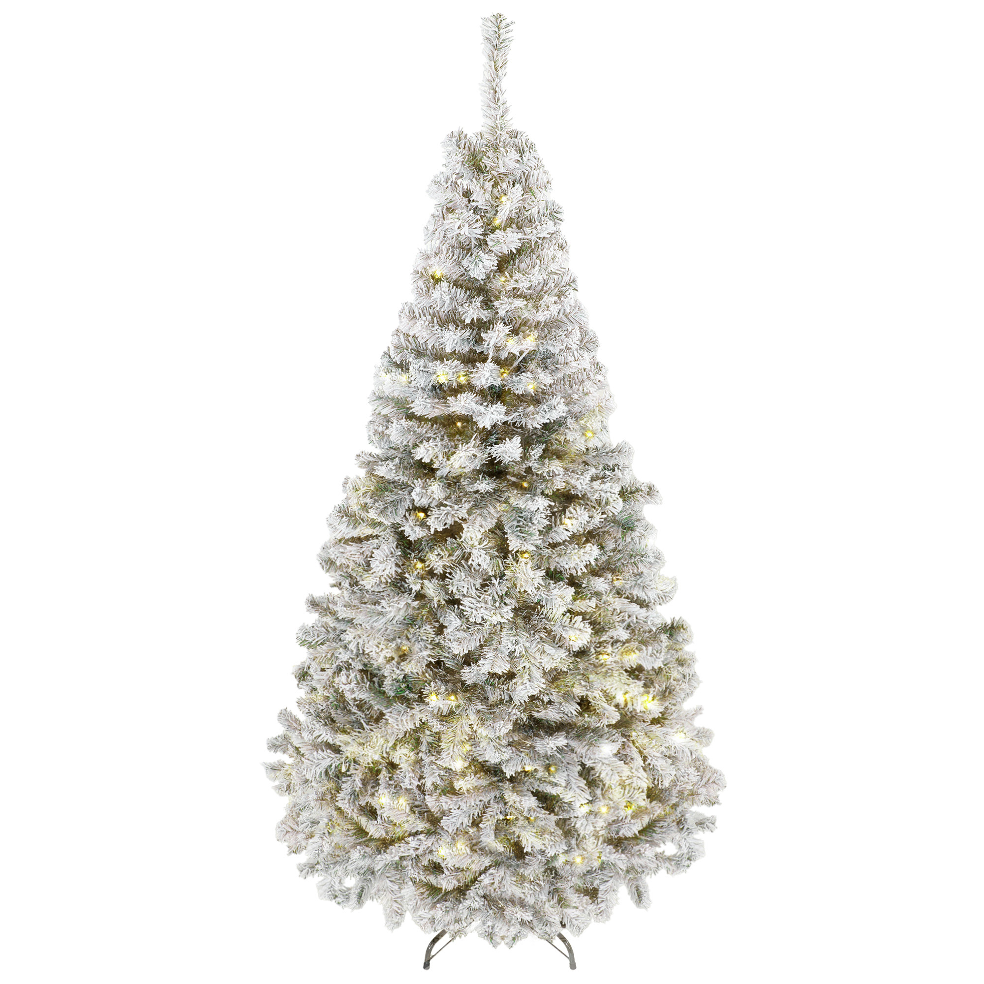 HOMCOM 7.5ft Flocked Prelit Christmas Tree, Fraser Fir, Hinged Xmas Tree with LEDs, Foldable Metal Base, Green White