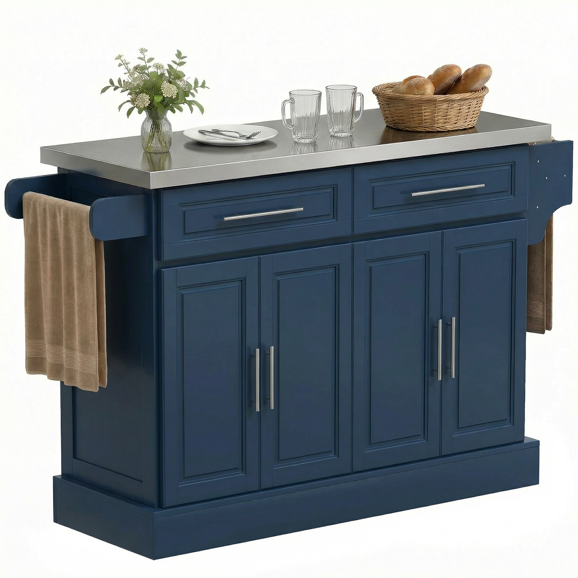 HOMCOM Rolling Kitchen Island with Stainless Steel Top, 2 Drawers, Spice, Knife and Towel Rack and Cabinets, Navy Blue