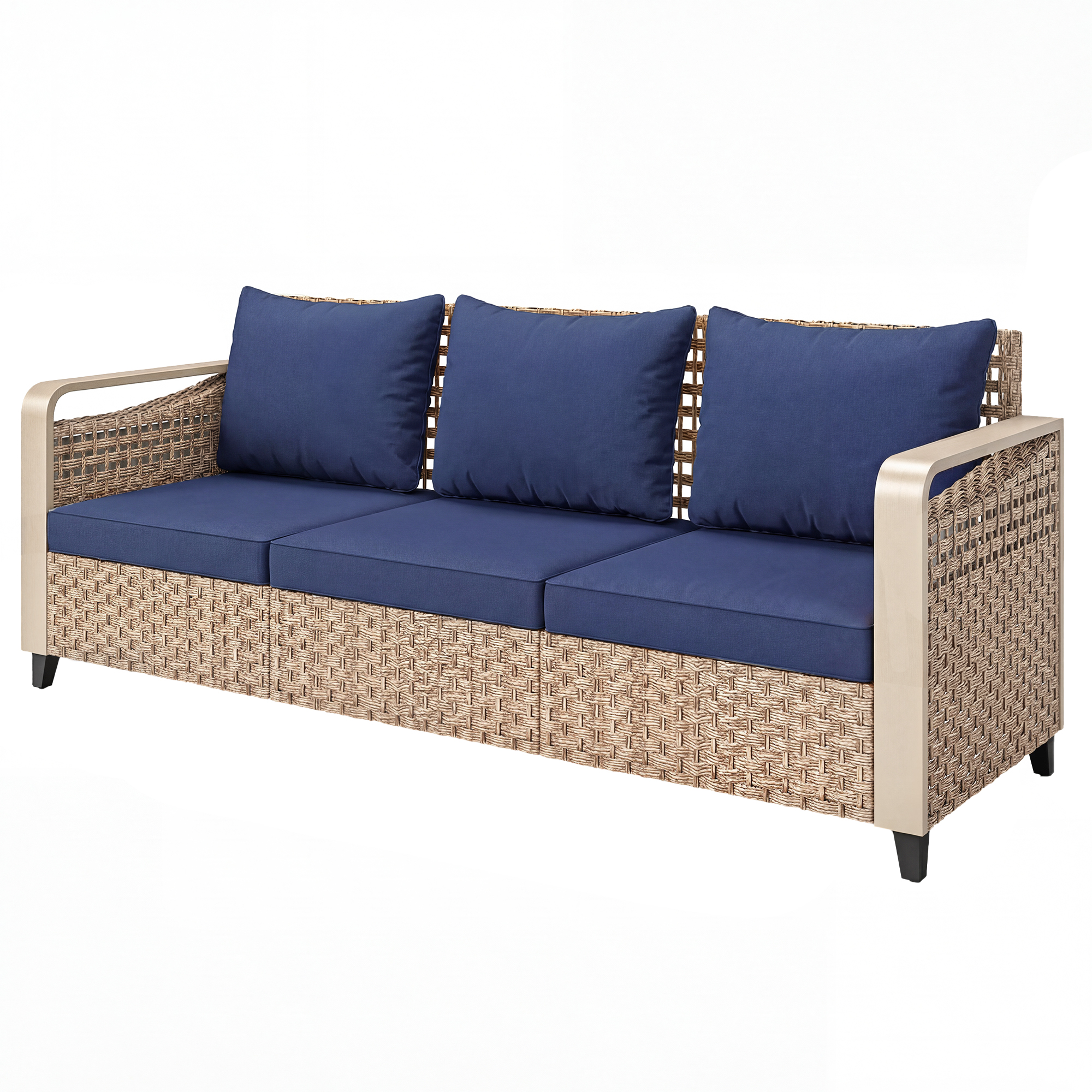 Outsunny Rattan Wicker Sofa 3-Seater Outdoor Patio Sofa with Cushions for Garden Backyard Porch Dark Blue