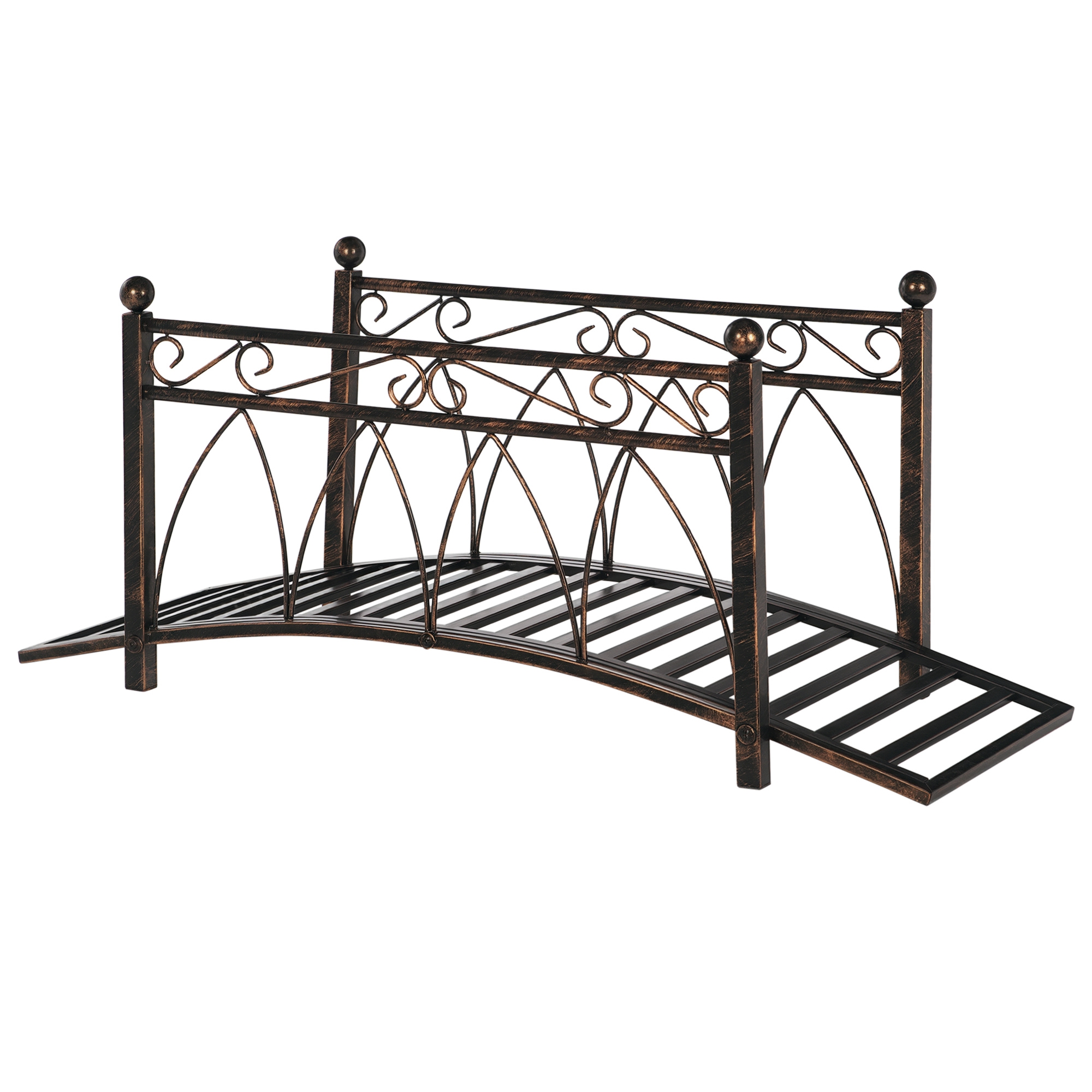 Outsunny 3.3' Metal Arch Zen Garden Bridge with Safety Siderails, Decorative Footbridge, Delicate Scrollwork & Corner Spheres for Stream, Fish Pond, B