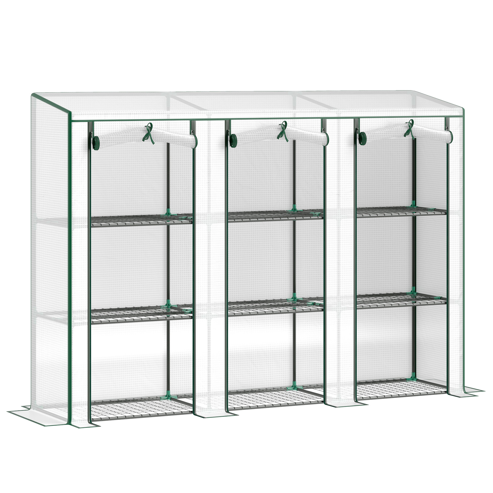 Outsunny 84.6" x 18.1" x 56.7" Lean-to Mini Greenhouse, 3-Tier Shelves, 3 Roll-Up Doors, PE Cover, White