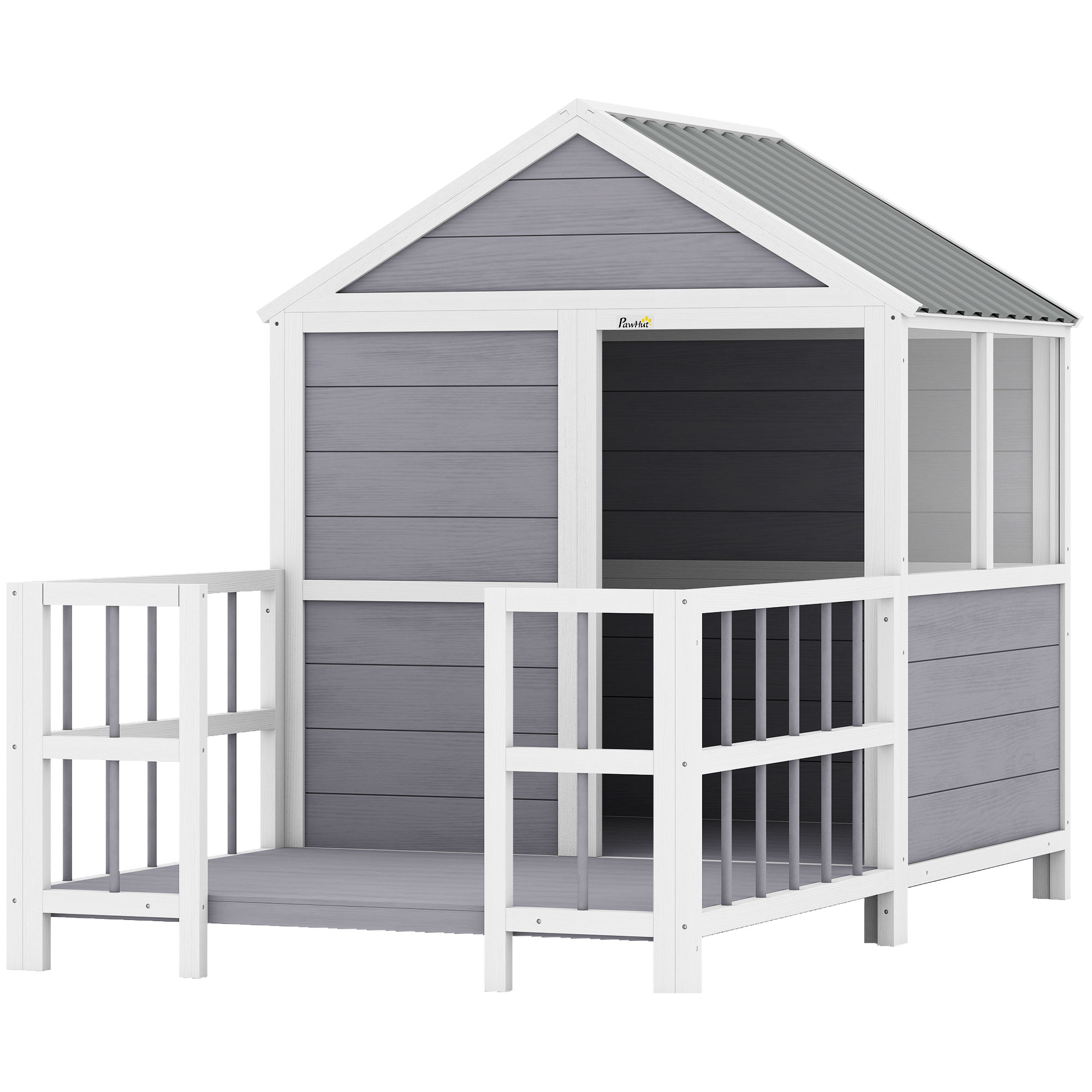 PawHut Outdoor Dog House, 61"L Wooden Dog House with Porch, Weatherproof Roof, Elevated Base, Air Vents & Observation Windows