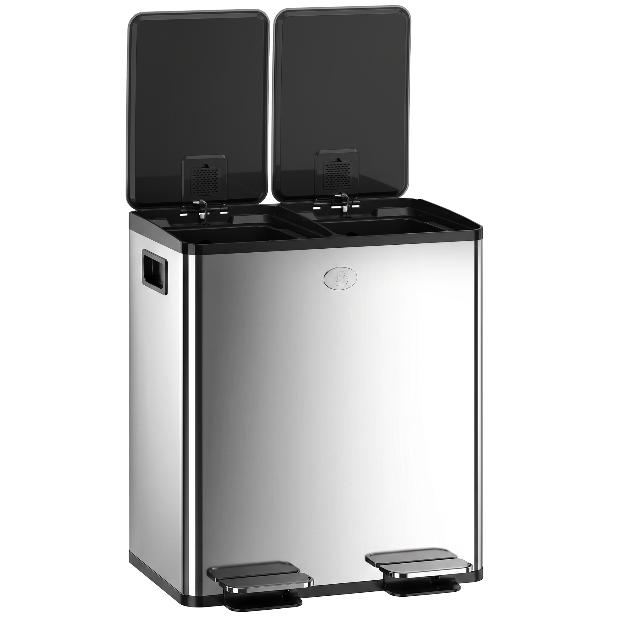 HOMCOM Trash Can, 2 x 5 Gallon Stainless Steel Garbage Can with Soft Close, Stay-Open Lid, Pedals, Inner Buckets, Silver