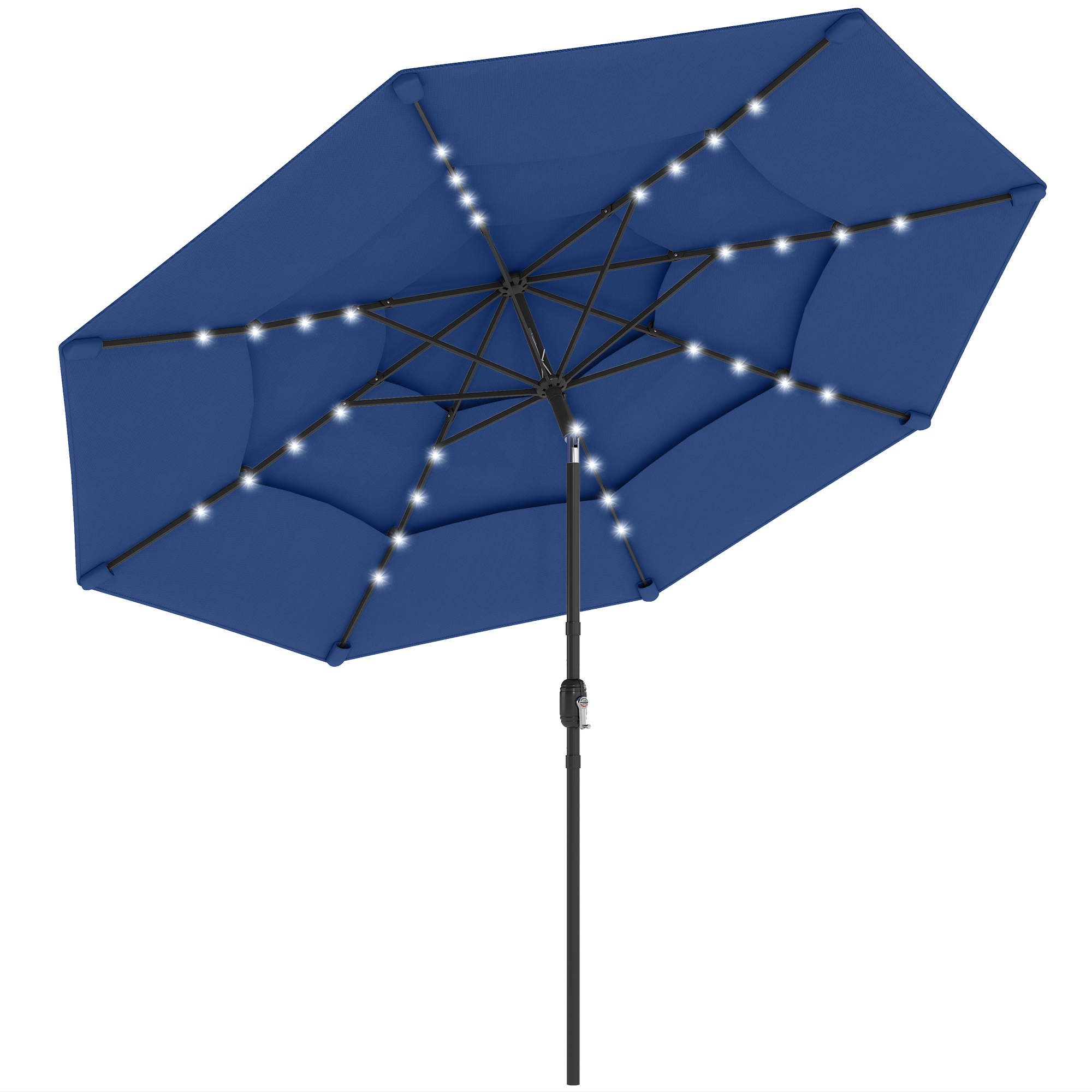 Outsunny 9.7 ft Outdoor Patio Umbrella with Solar LED Lights, 3 Tier Outdoor Table Umbrella with Tilt, Crank, Navy Blue