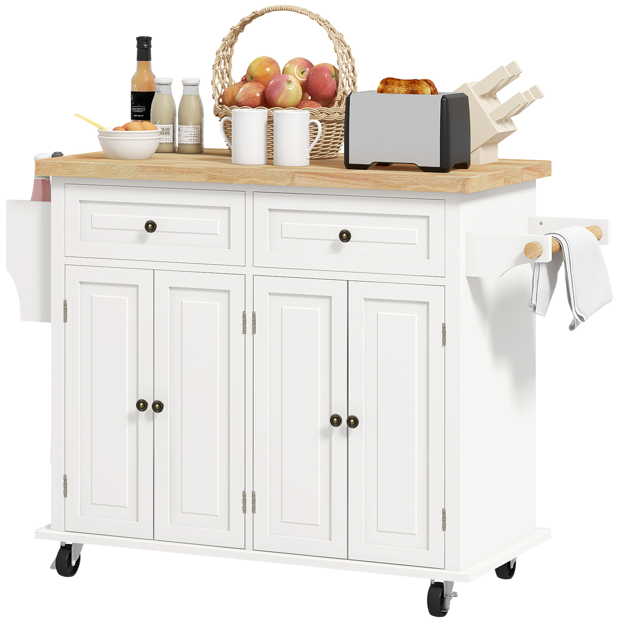 HOMCOM Kitchen Island on Wheels, Rolling Cart with Rubberwood Top, Spice Rack, Towel Rack and Drawers, Cream White