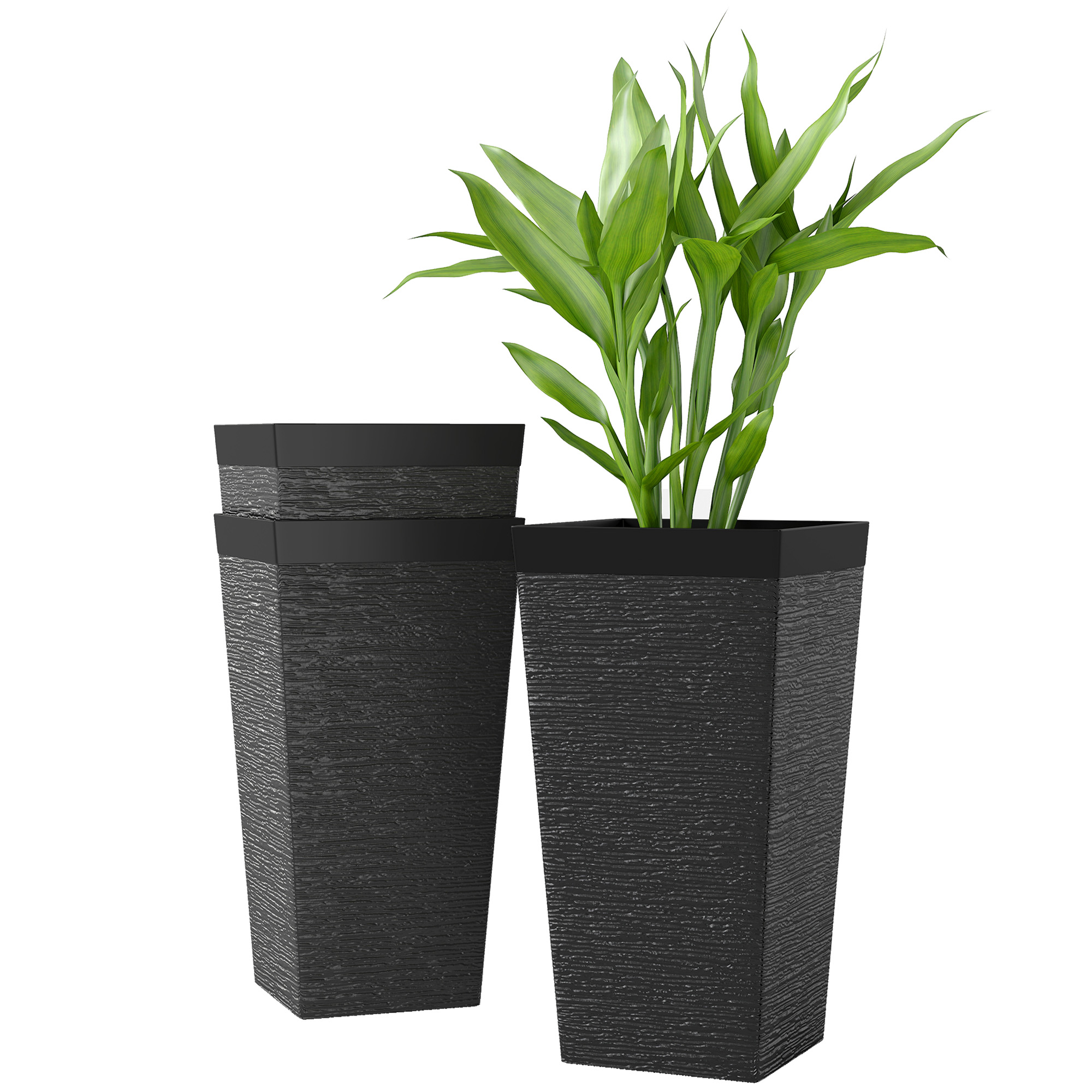 Outsunny 22.8 Inch Set of 3 Outdoor Planters with Stone Finish and Wheels, Stackable Tapered Planters with Drainage Hole, Black