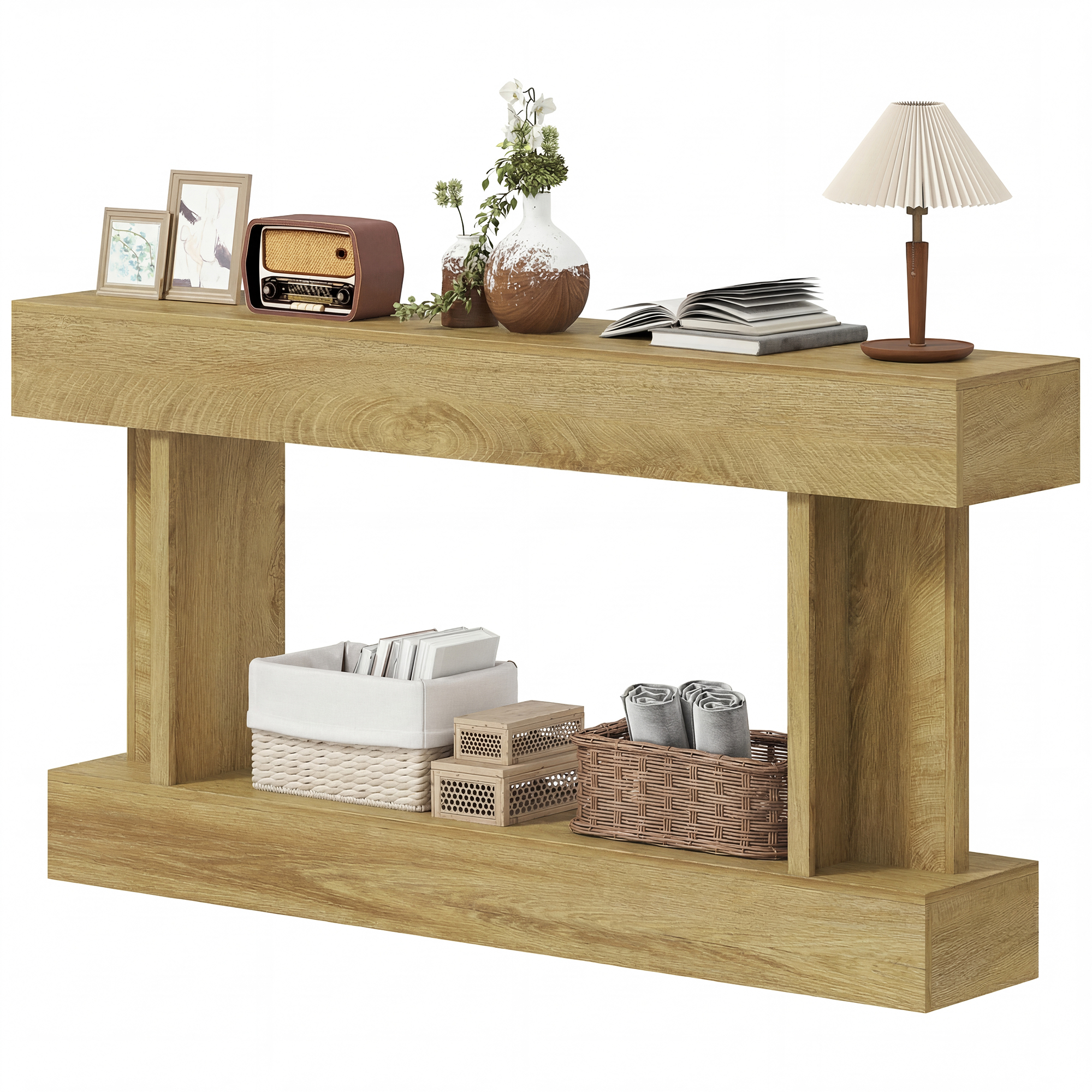 HOMCOM 63 Inch Long Console Table, Vintage Narrow Entryway Table with Storage Shelf for Living Room and Hallway, Oak