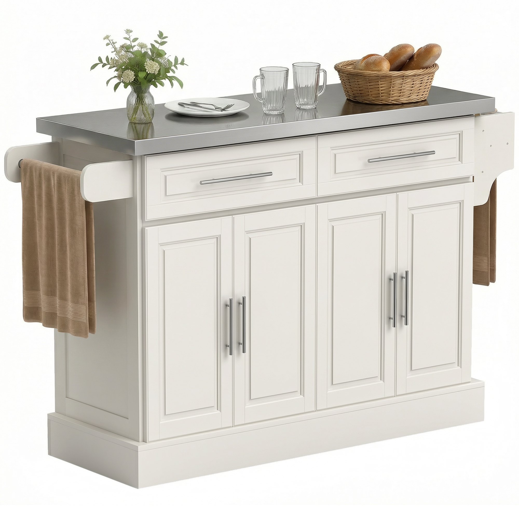HOMCOM Rolling Kitchen Island with Stainless Steel Top, 2 Drawers, Spice, Knife and Towel Rack and Cabinets, Cream White