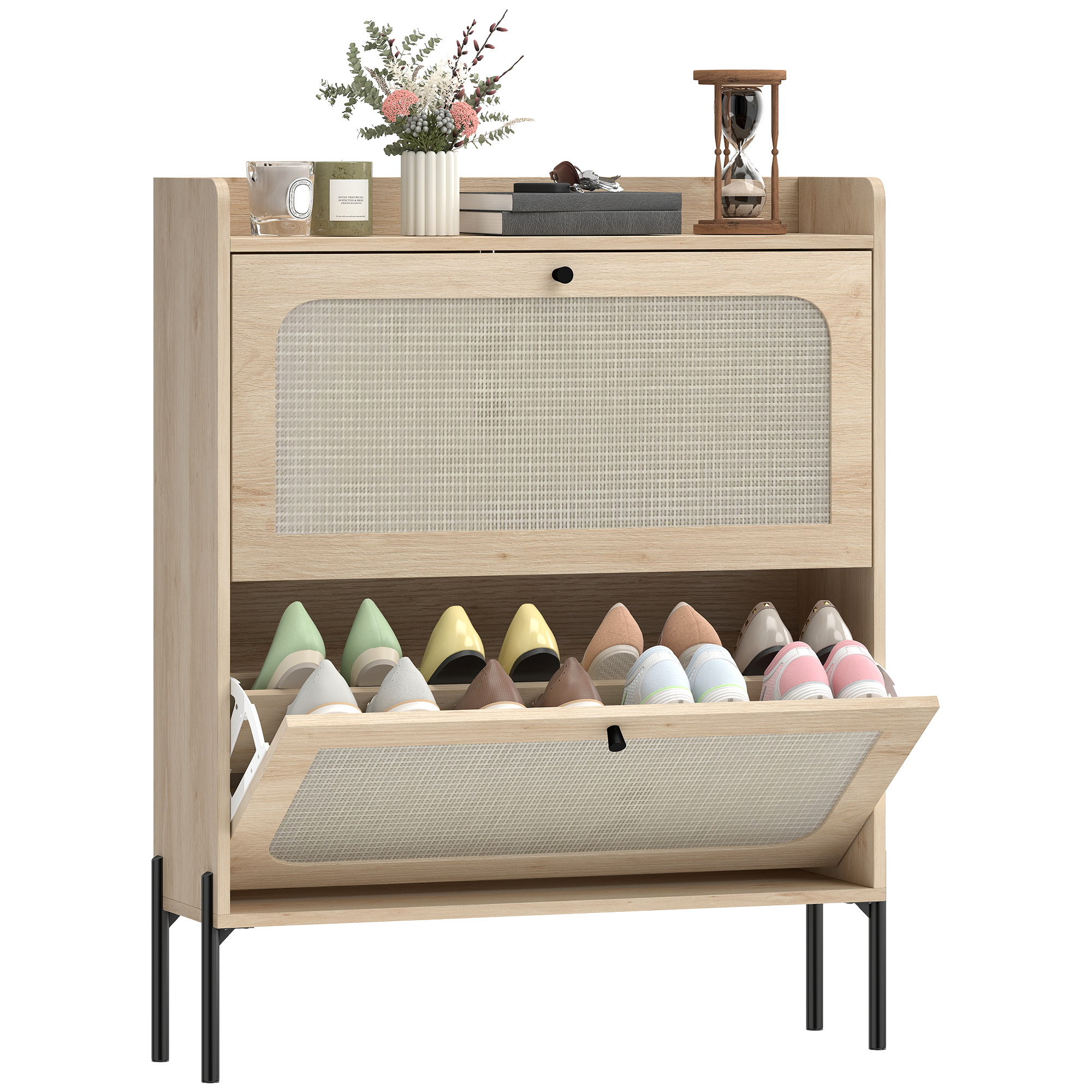HOMCOM Shoe Cabinet with 2 Flip Drawers, Boho Narrow Shoe Storage Cabinet, Oak