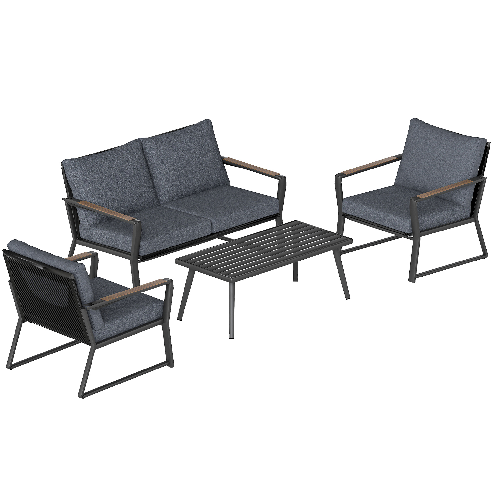 Outsunny 4 Piece Patio Furniture Set, Aluminum Conversation Set, Outdoor Garden Sofa Set with Armchairs, Loveseat, Center Coffee Table and Cushions, D