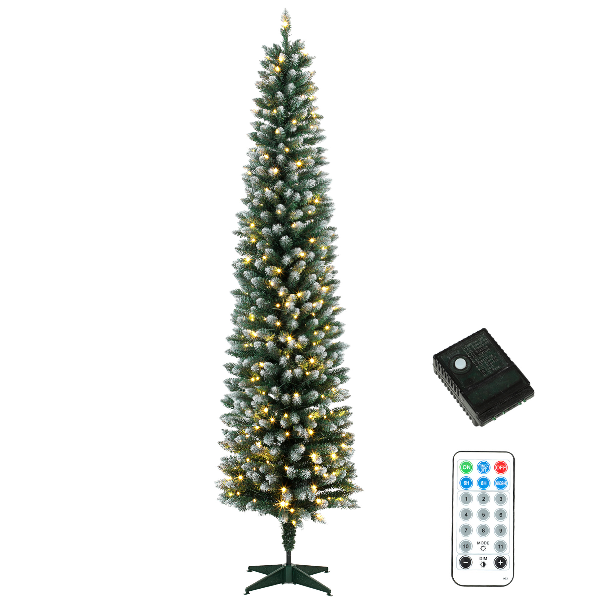 HOMCOM 7ft Pencil Prelit Christmas Tree, Dual Color LEDs, Flocked, Remote, Slim Xmas Tree with 11 Modes, Green White