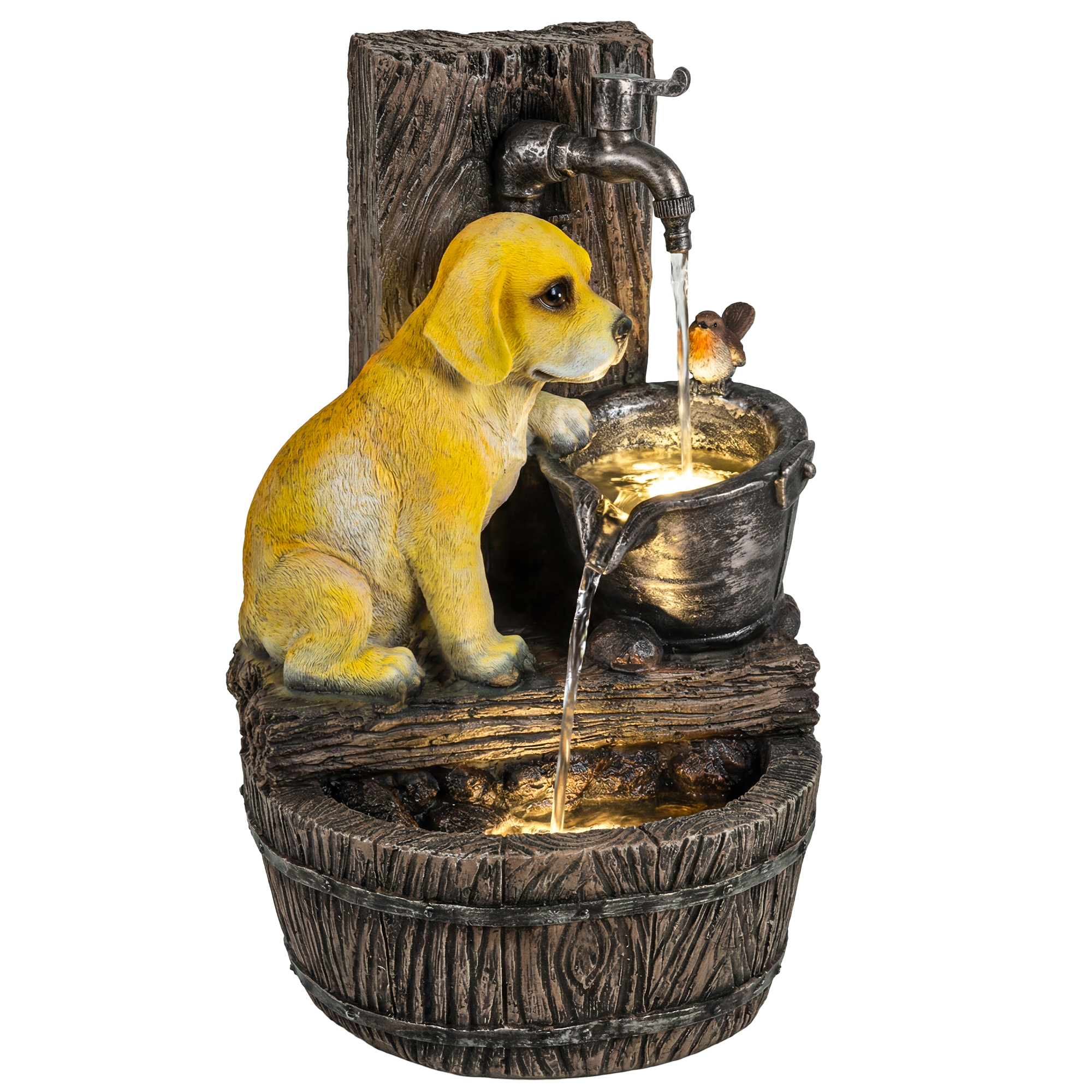 Outsunny 22" Outdoor Fountain with 3-Tier Puppy Theme, Resin Garden Fountain with LED Lights, Adjustable Flow, Rustic Brown