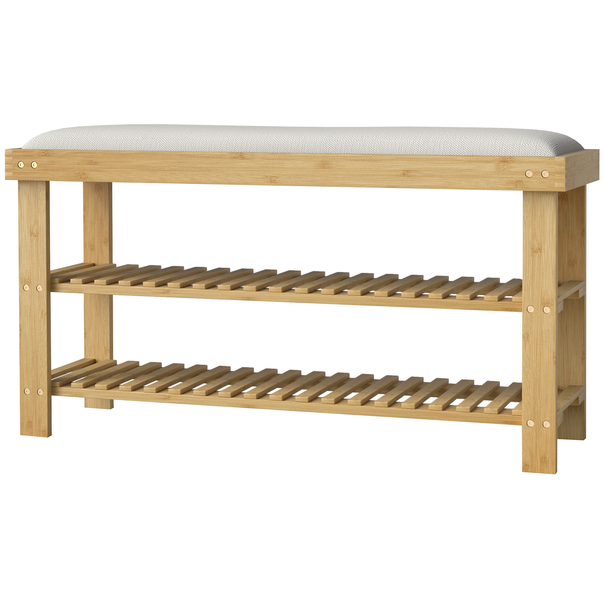 HOMCOM Bamboo Shoe Storage Bench, 3-Tier Entryway Bench with Cushion, Shoe Organizer for Entryway, Hallway, Natural