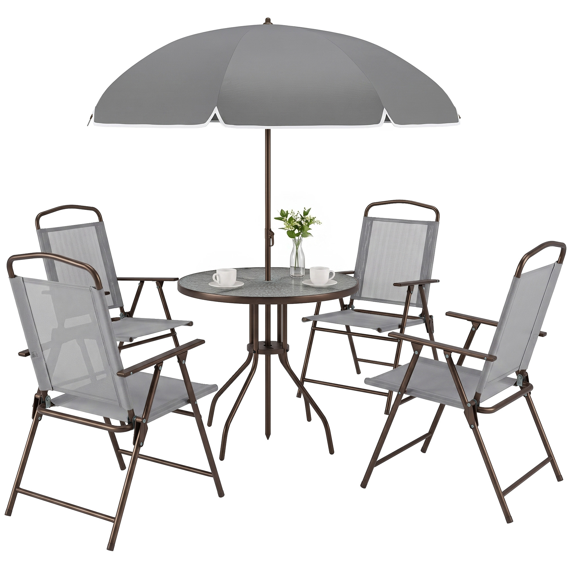 Outsunny 6 Piece Patio Dining Set for 4 with Umbrella, with 4 Folding Dining Chairs & Round Glass Table for Garden, Gray