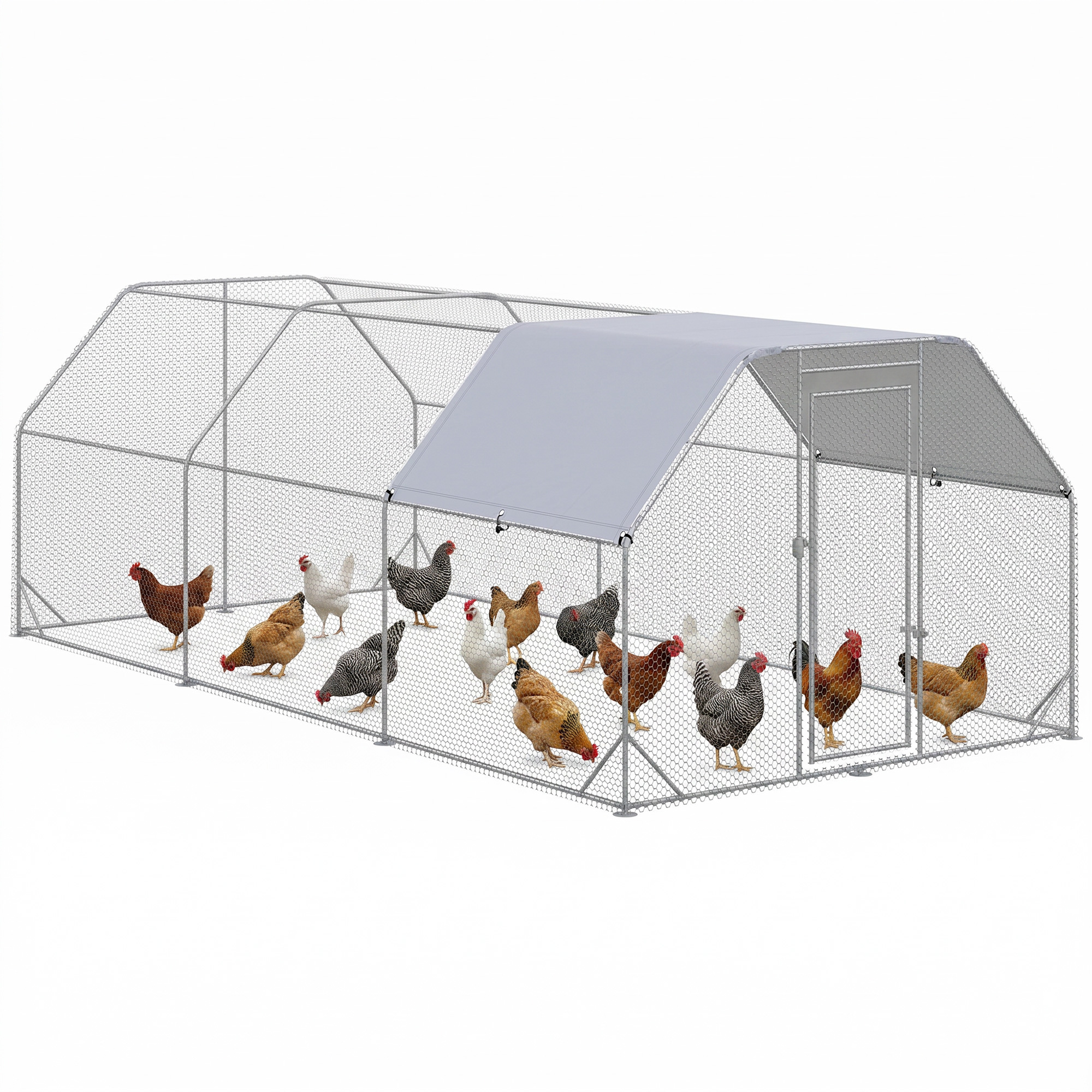 PawHut 9.2' x 18.7' x 6.4' Large Chicken Coop Metal Chicken Run with Waterproof and Anti-UV Cover, Flat Shaped Walk in Fence Cage Hen House for Outdoo