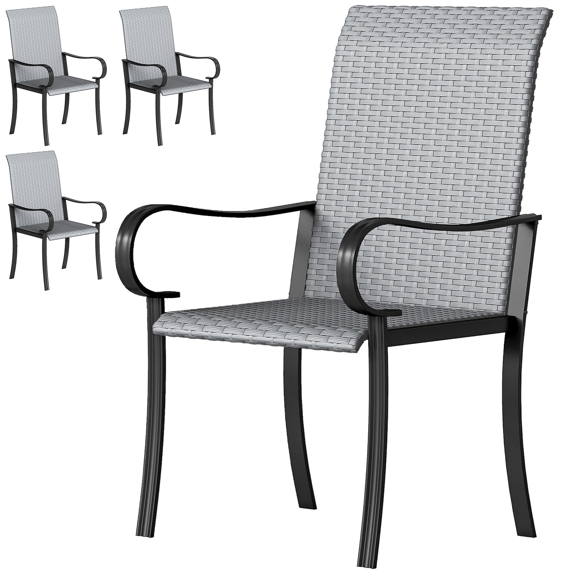 Outsunny Set of 4 Outdoor Wicker Dining Chairs with Armrest, Steel Frame, High Back and Deep Seating, Gray