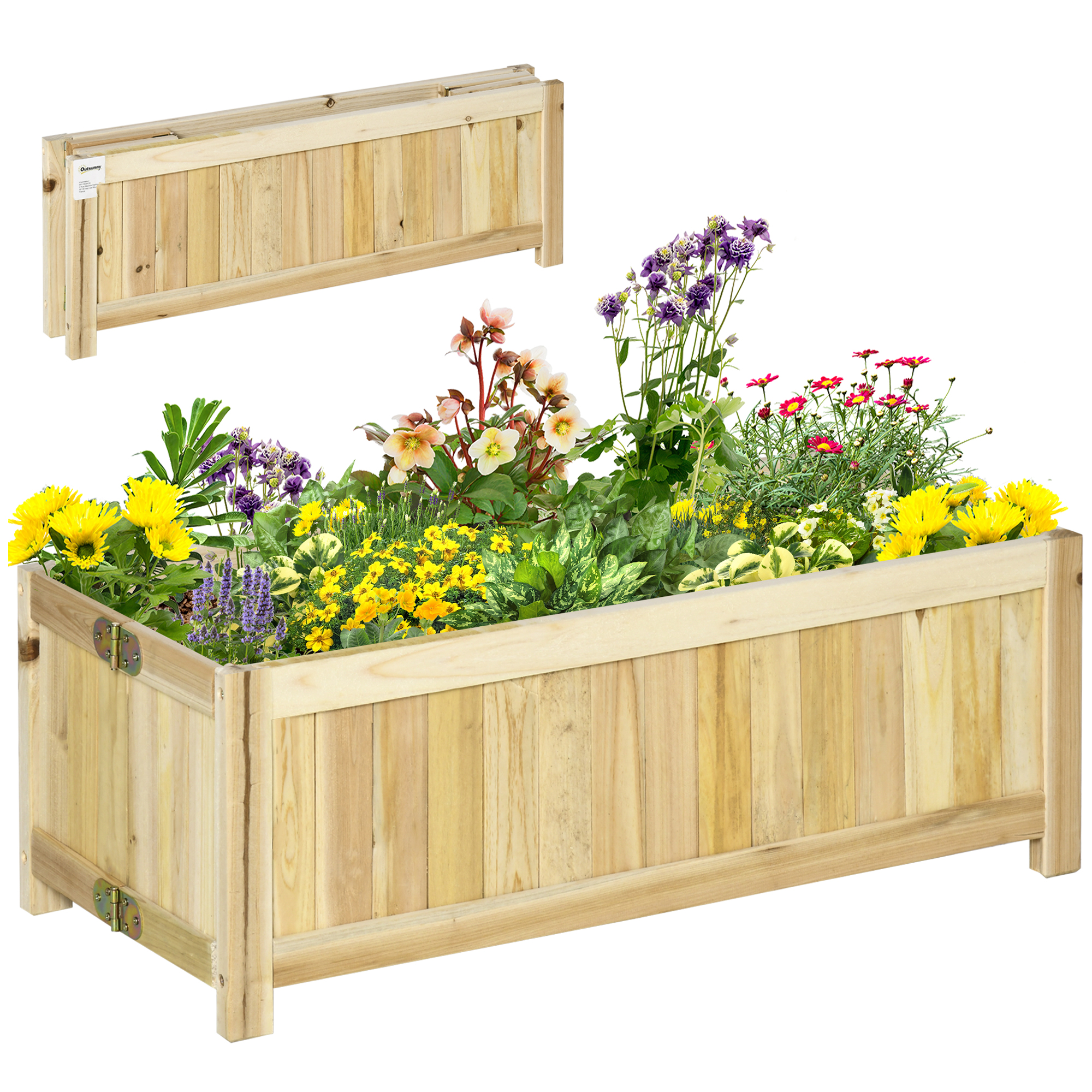 Outsunny Foldable Raised Garden Bed, Wooden Planter Box, Herb Garden Planter with Drainage Holes, for Backyard