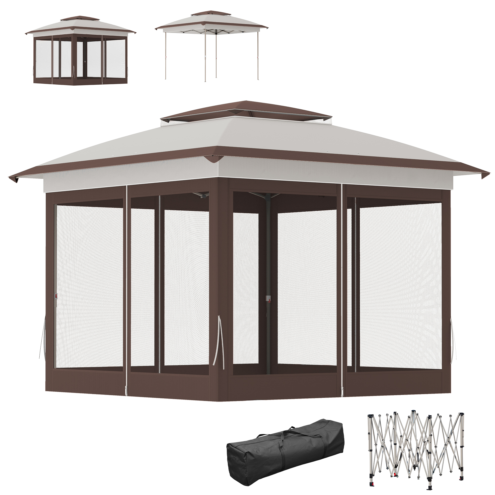 Outsunny 12' x 12' Pop Up Canopy Tent with Netting and Carry Bag, Instant Sun Shelter with 137 sq.ft Shade, Beige and Brown