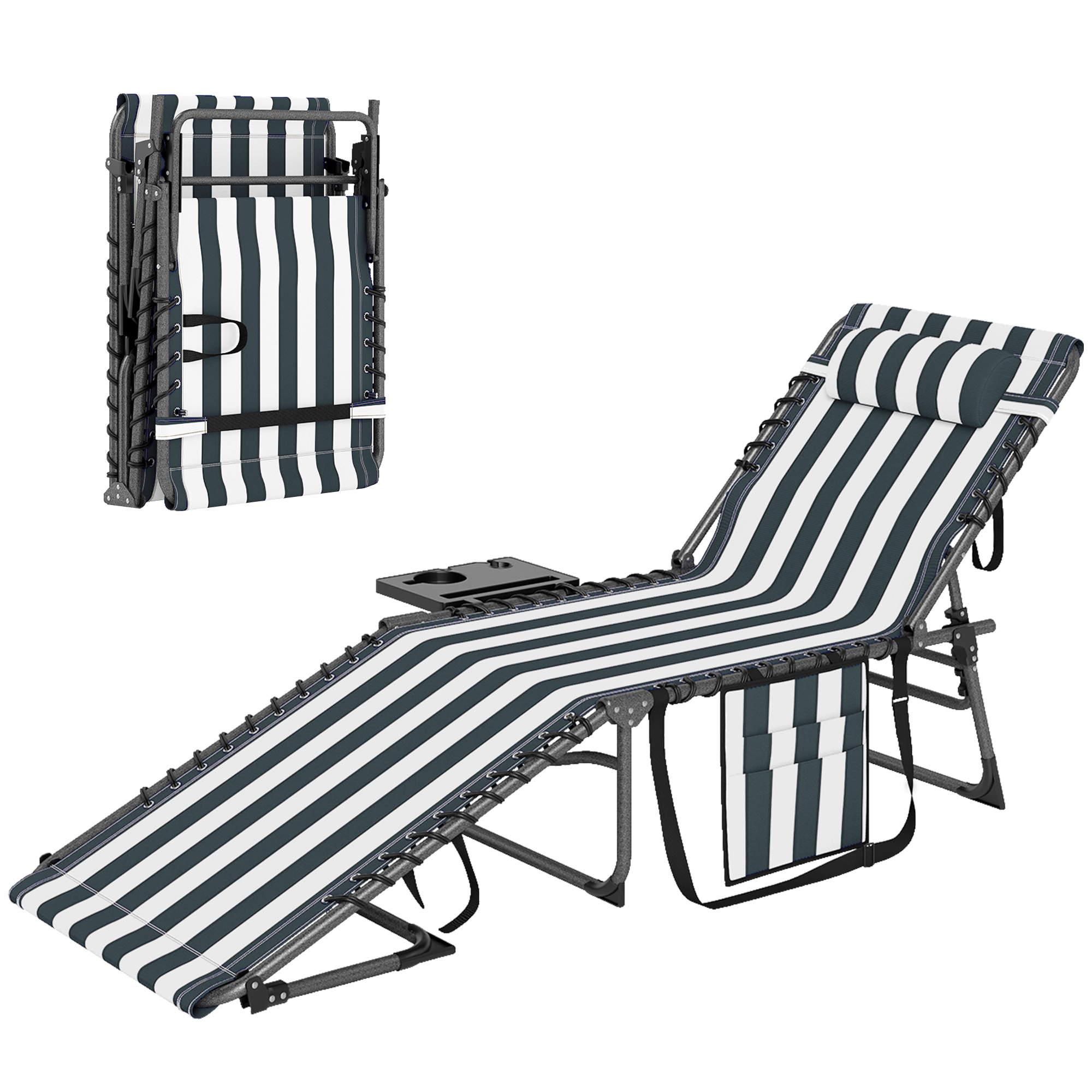 Outsunny Folding Outdoor Chaise Lounge Chair Tanning Chair with 5-Level Adjustable Back, Side Table, Pillow, Pocket, Blue White