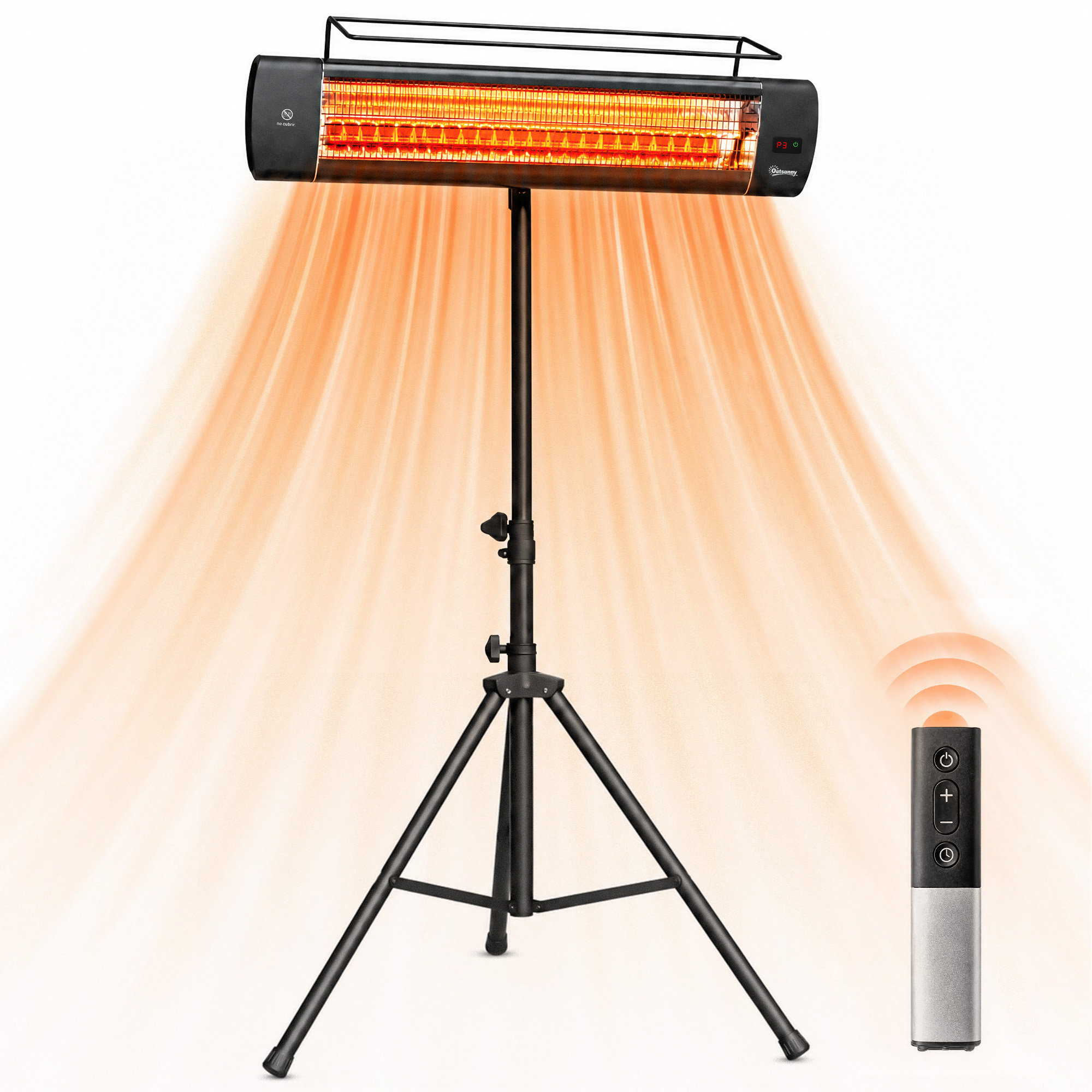 Outsunny Electric Patio Heater, 1500 W Standing IP65 Outdoor Infrared Heater with Tripod, 3 Heat Levels, 24H Timer, Black
