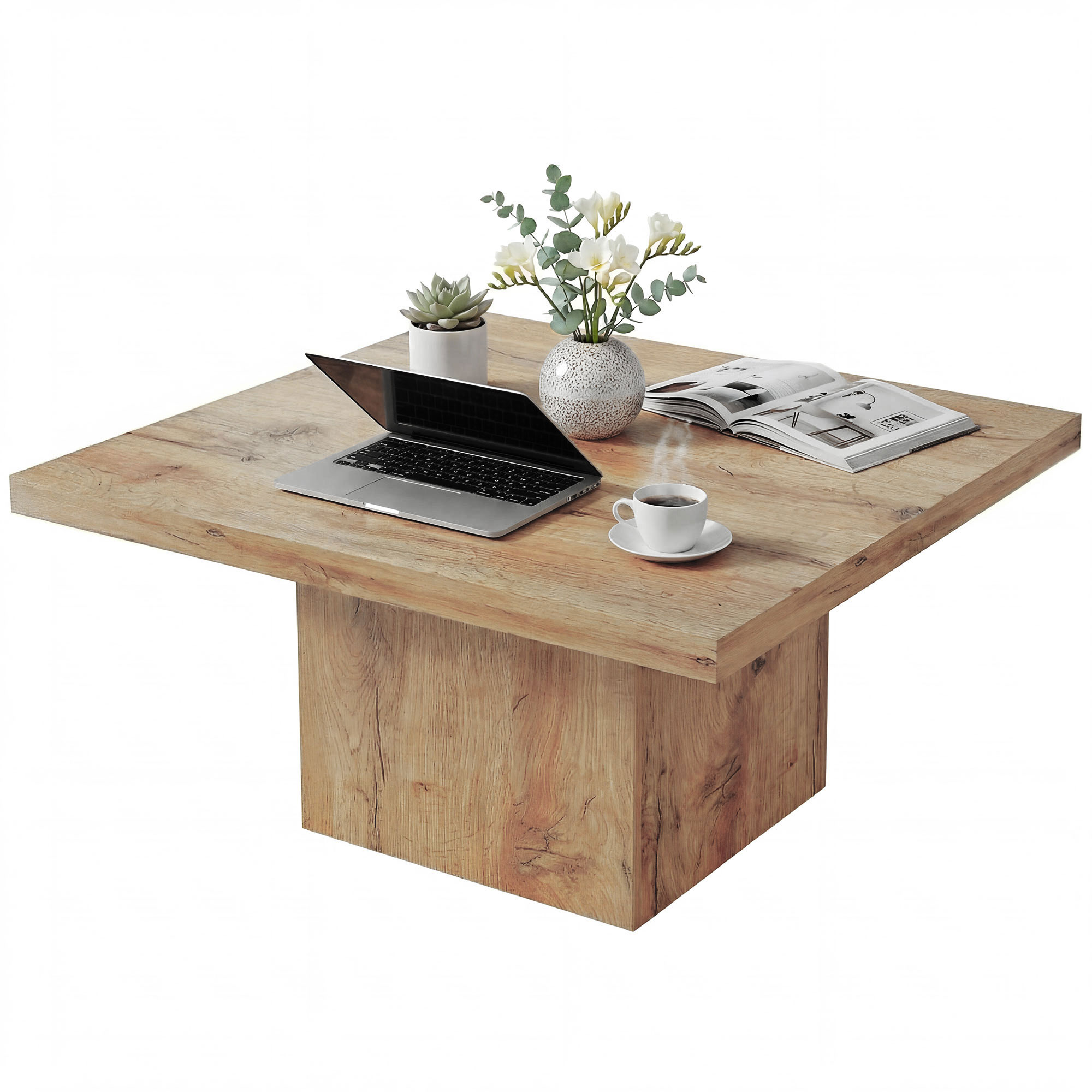 HOMCOM Square Coffee Table, Center Table with 1.6" Thick Tabletop, Light Brown