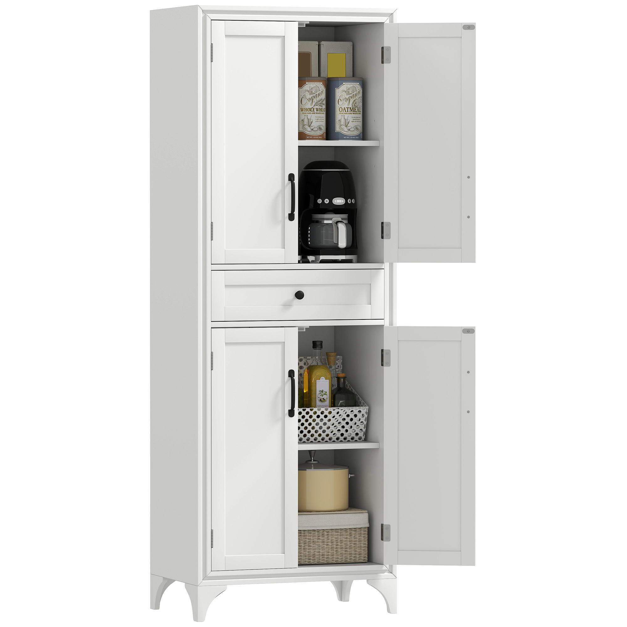 HOMCOM 67" 4-Door Kitchen Pantry with Drawer and Adjustable Shelves, White