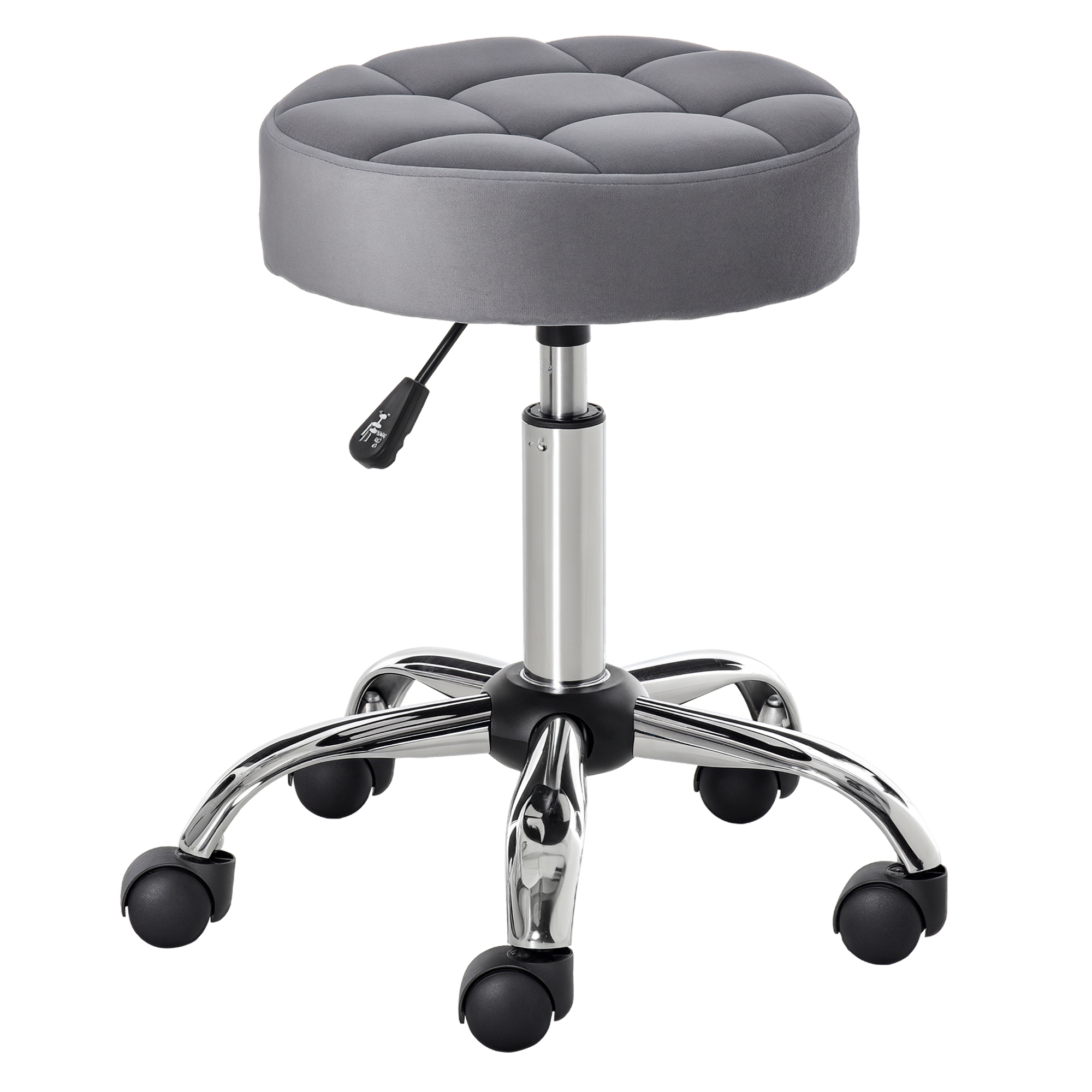 HOMCOM Round Rolling Stool, Height Adjustable Vanity Chair, Upholstery Office Chair with Swivel Seat and Wheels, Grey
