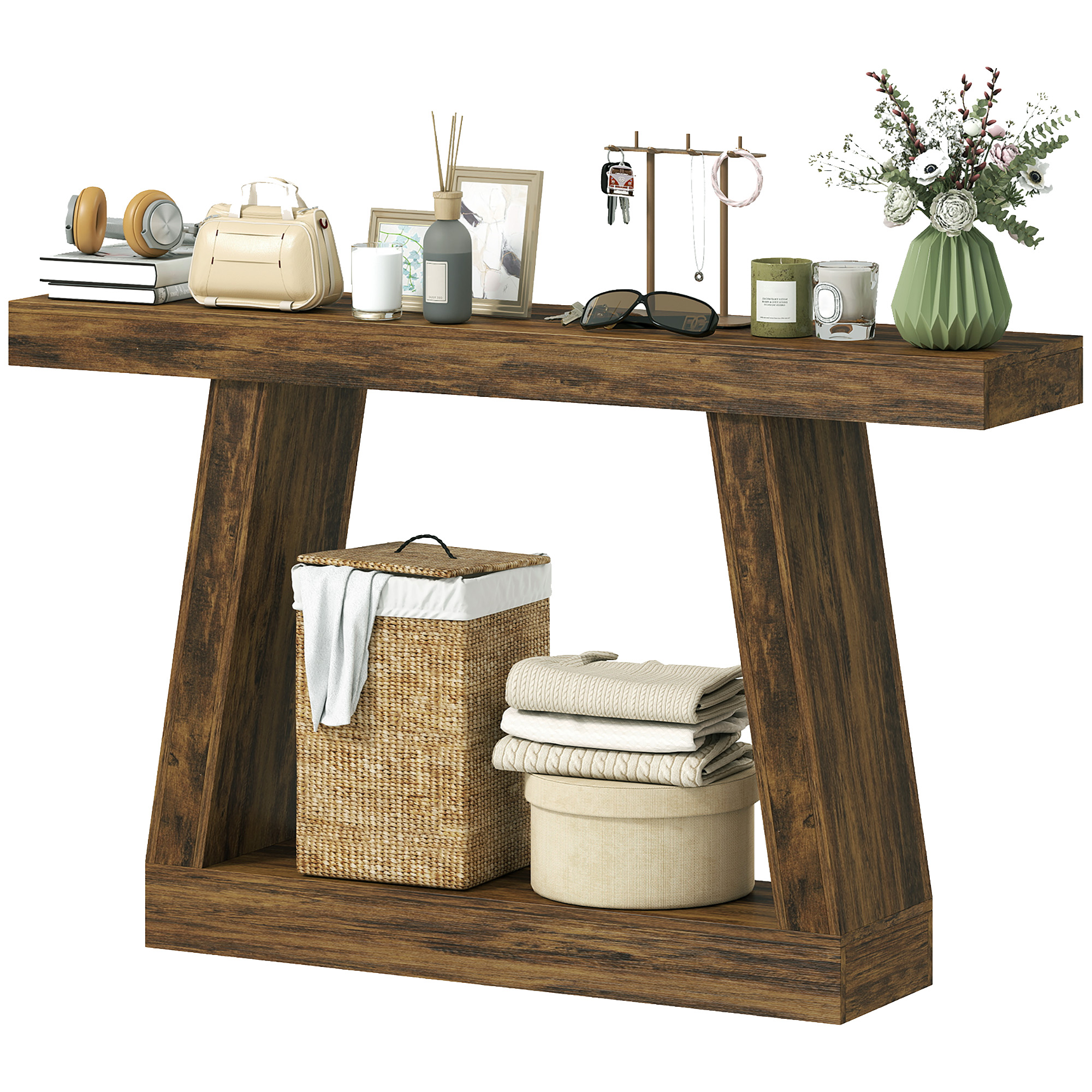 HOMCOM 55" Farmhouse Console Table, 2-Tier Entryway Table with Storage for Hallway, Living Room, Behind Couch, Rustic Brown