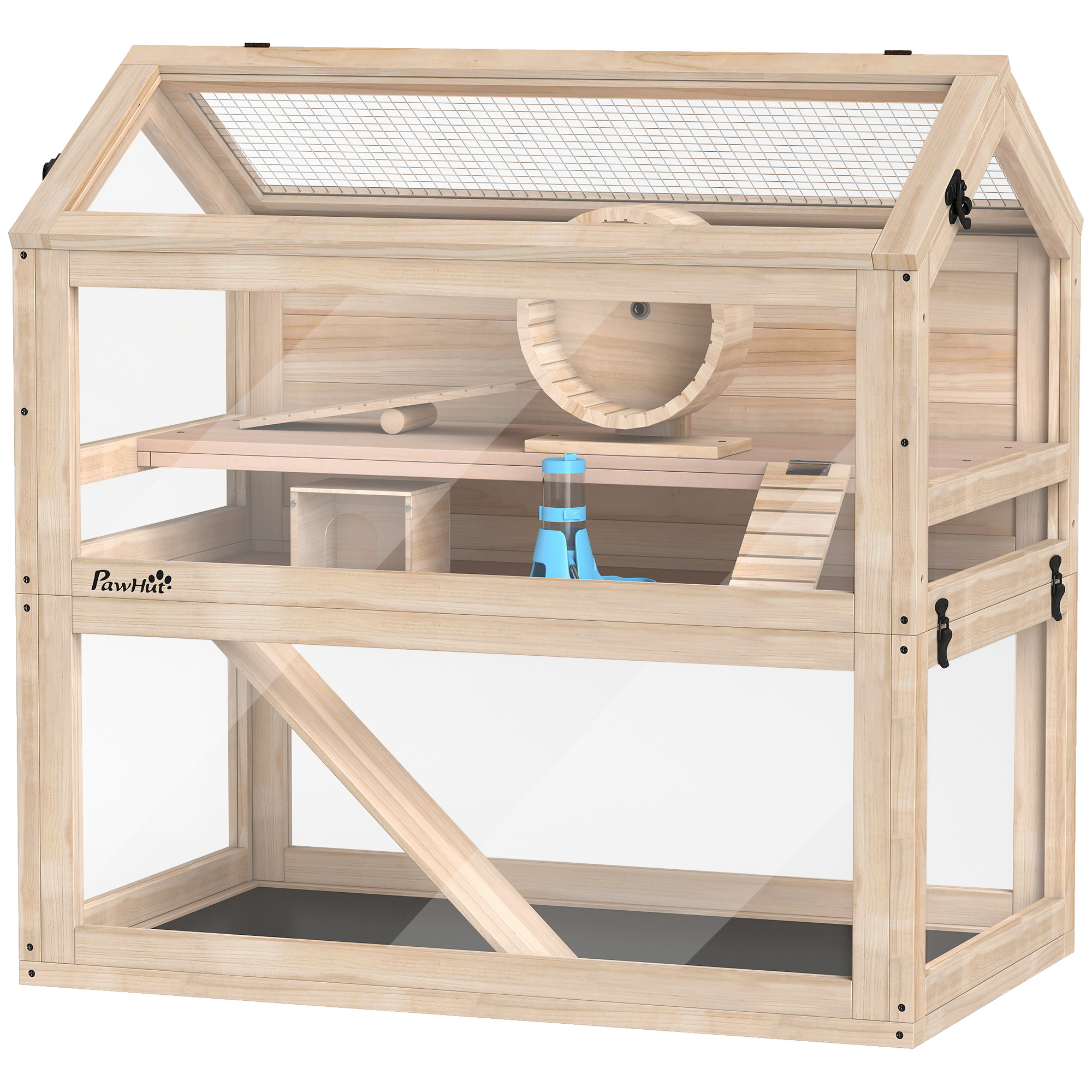 PawHut Wooden Hamster Cage, 3-Tier Small Animal Cage with Hut, Seesaw, Ramps, Exercise Wheel, Acrylic Panel and Bottom Tray