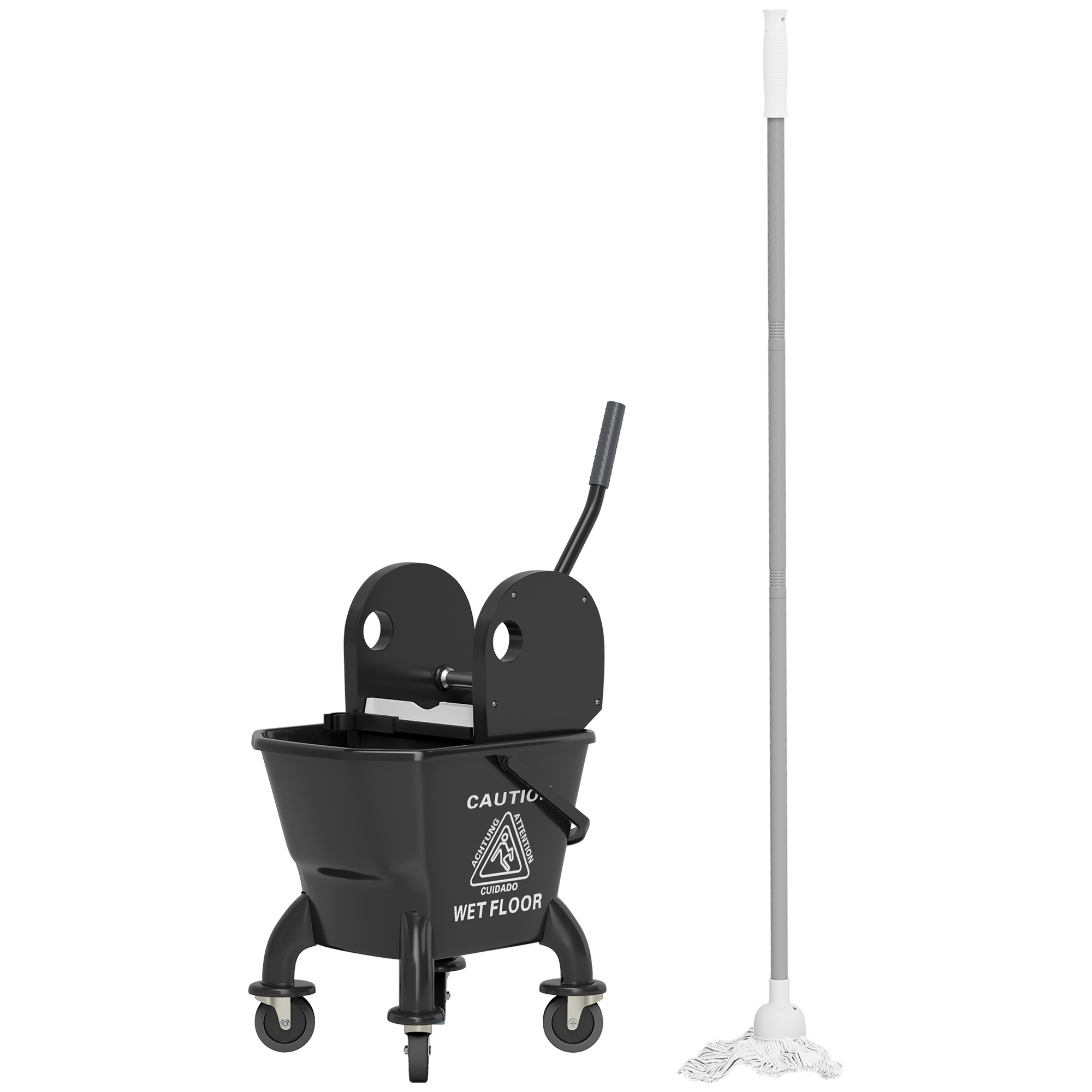 HOMCOM Mop Bucket with Wringer on Wheels for Floor Cleaning, 27.5 Quart Down Press Wringer with Handle and Mop, Black