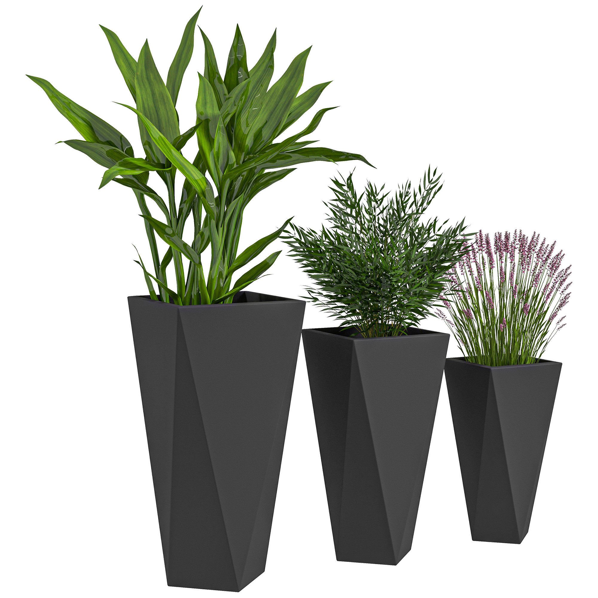 Outsunny Indoor Outdoor Planters Set of 3 MgO Tall Planters Stackable Flower Pots with Drainage Holes for Garden, Balcony, Black