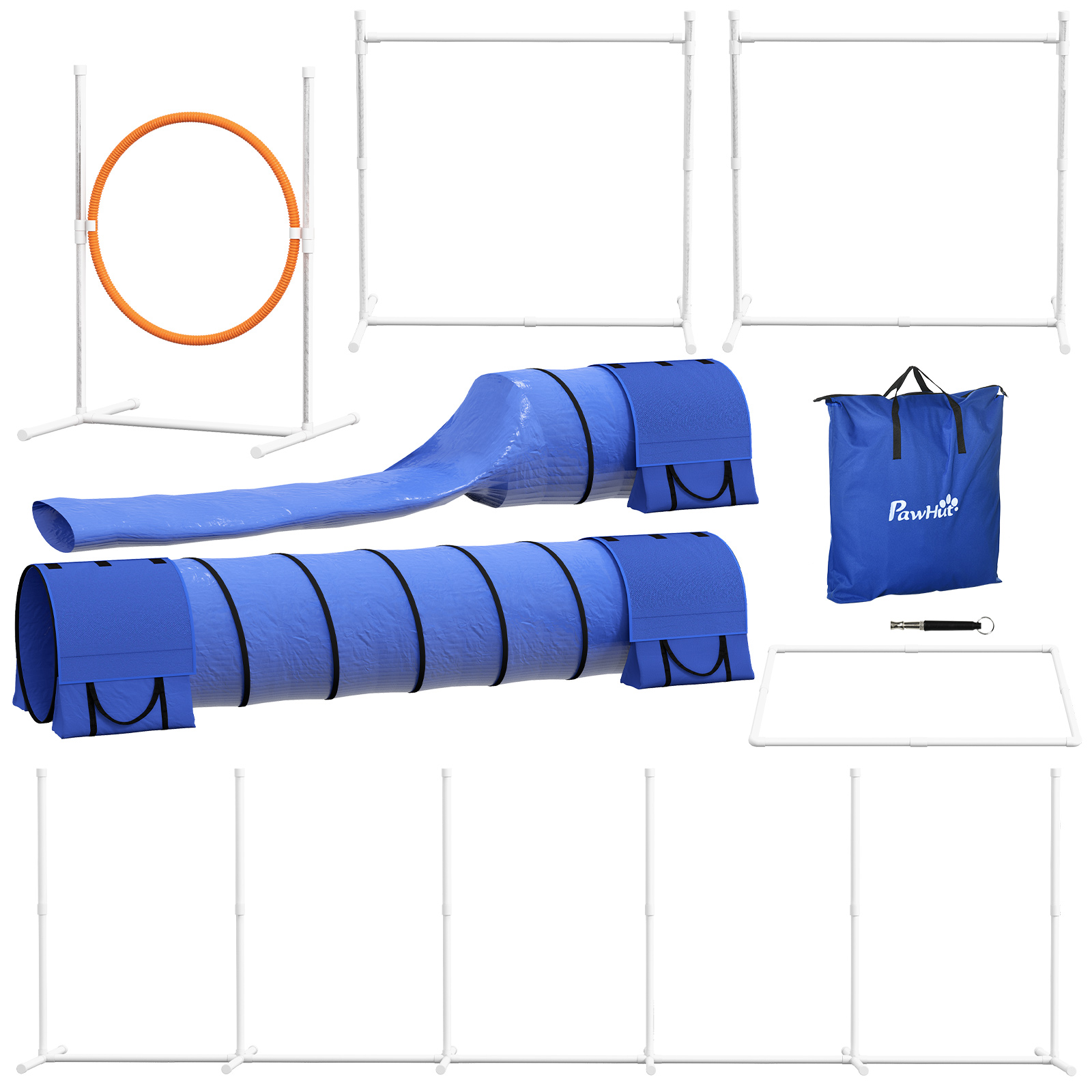 PawHut 7pc Agility Training Equipment for Dogs w/ Tunnels, Weave Poles Adjustable Hurdle, Jumping Ring, Pause Box, Blue