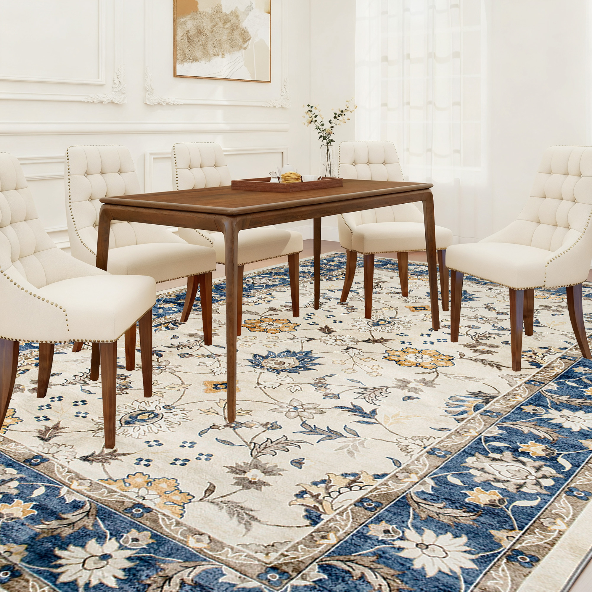 HOMCOM Machine Washable Area Rug 4x6, Non-Slip Boho Floral Print Floor Carpet for Living Room, Bedroom, Dining Room, Blue