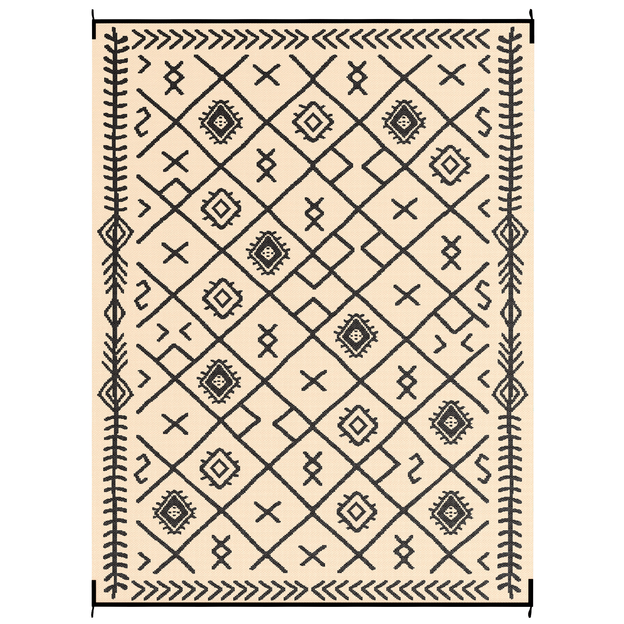 Outsunny Reversible Outdoor Rug, Waterproof Plastic Straw with Carry Bag, 9' x 12', Black & Beige Rhombus
